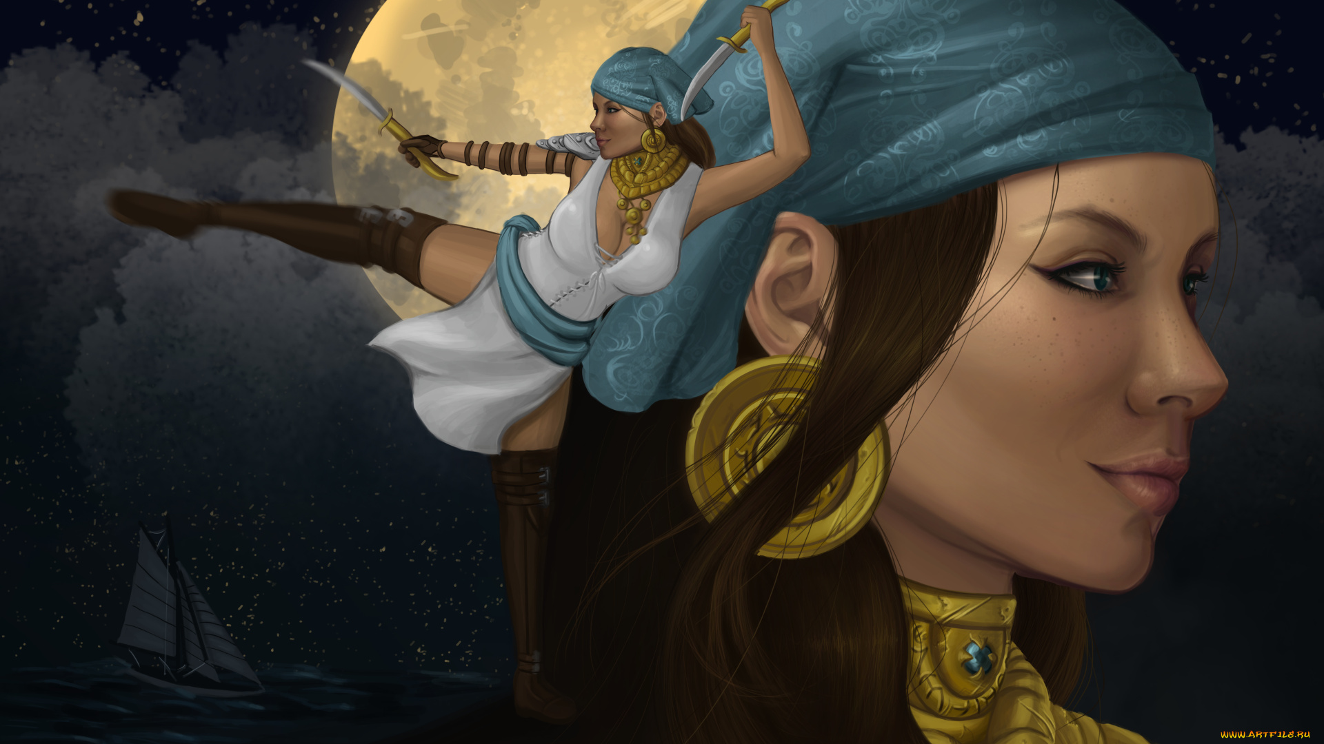 видео, игры, dragon, age, 2, лицо, девушка, isabela, dragon, age, 2, арт, корабль, луна, кинжалы, грудь, движение