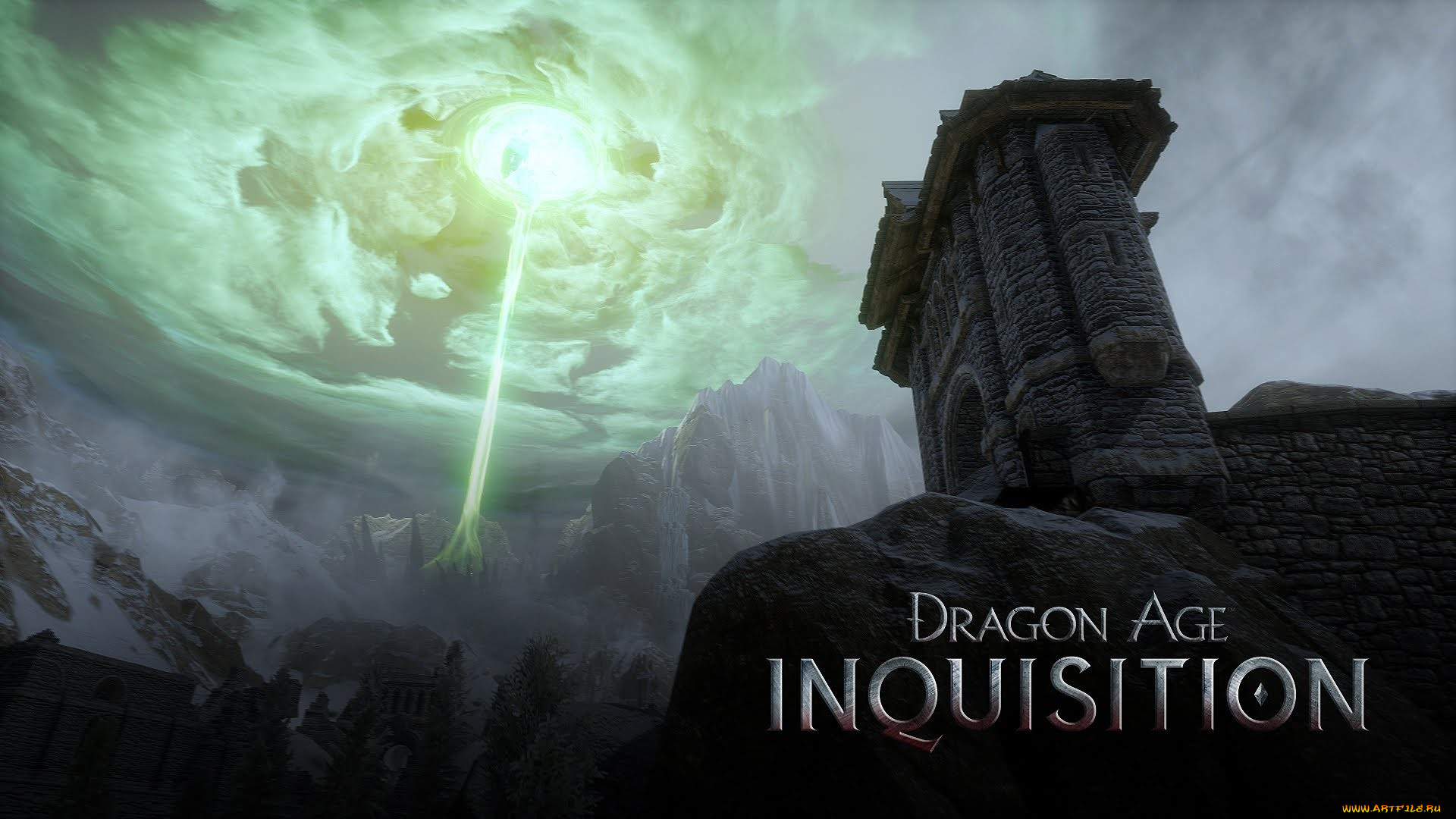 видео, игры, dragon, age, iii, , inquisition, небо, тучи, магия, скалы, горы, dragon, age, inquisition, луч, замок