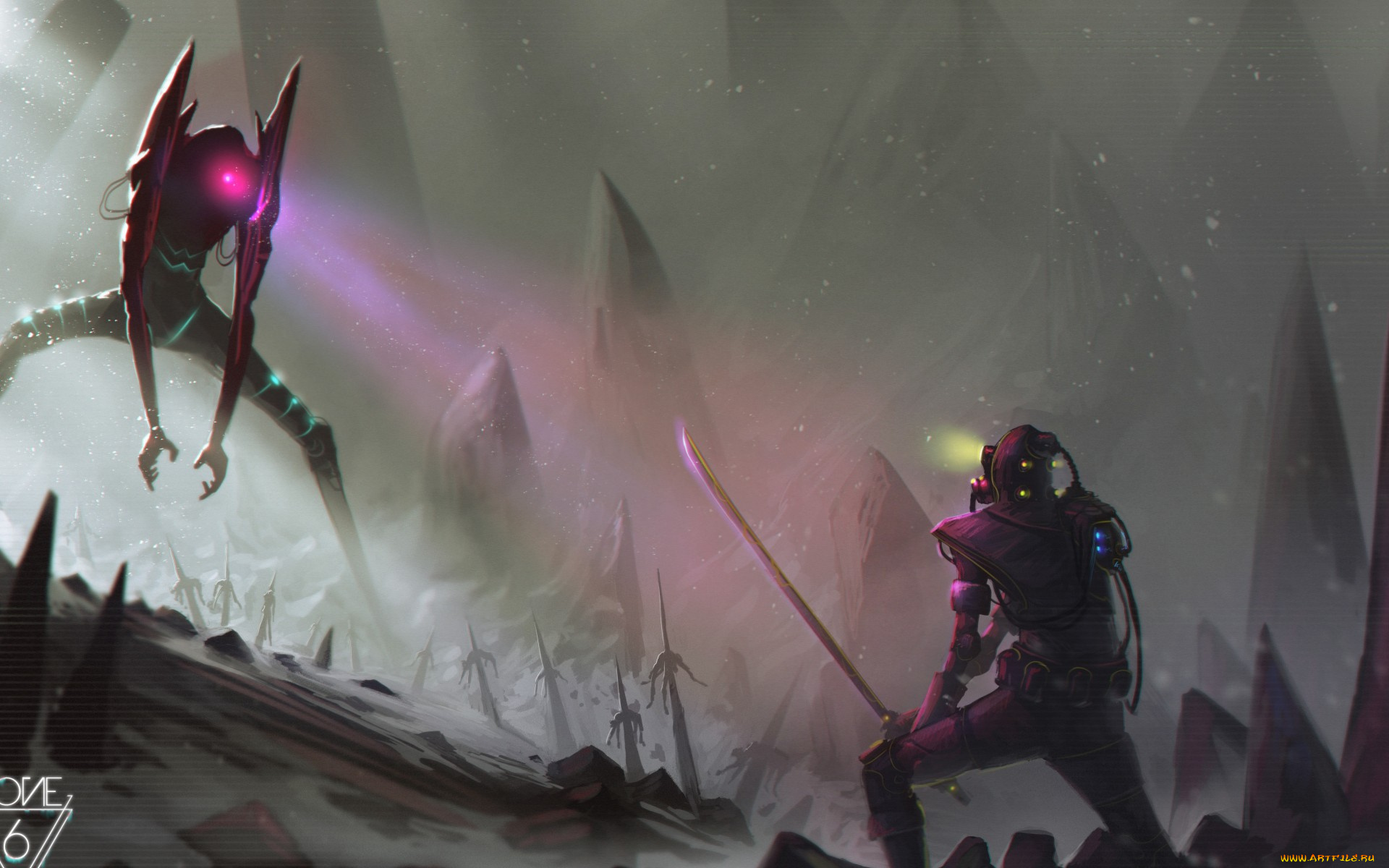 фэнтези, роботы, , киборги, , механизмы, самурай, горы, катана, меч, снег, скалы, робот