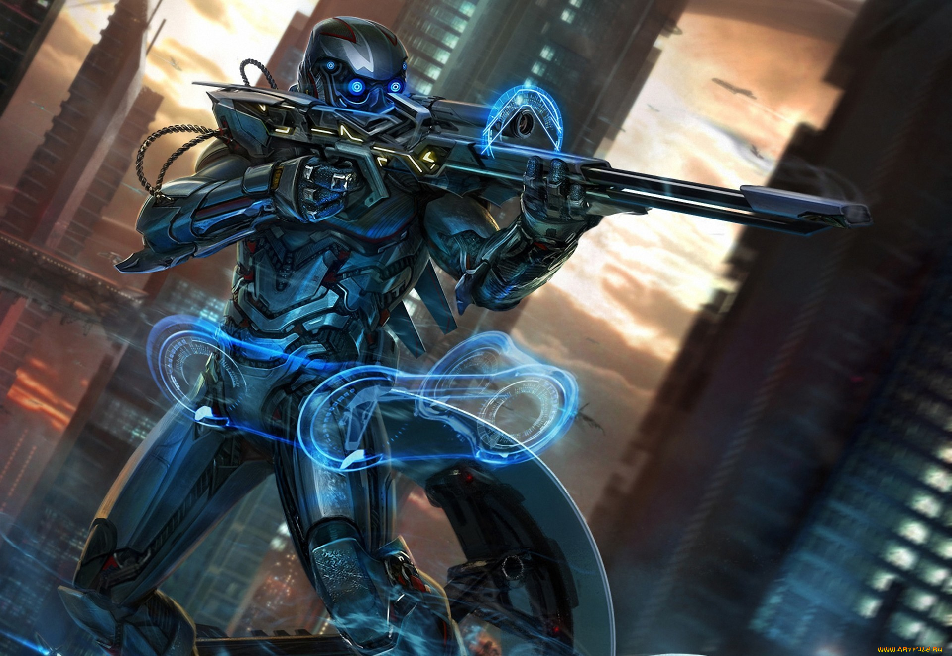 фэнтези, роботы, , киборги, , механизмы, арт, интерфейс, город, винтовка, броня, снайпер