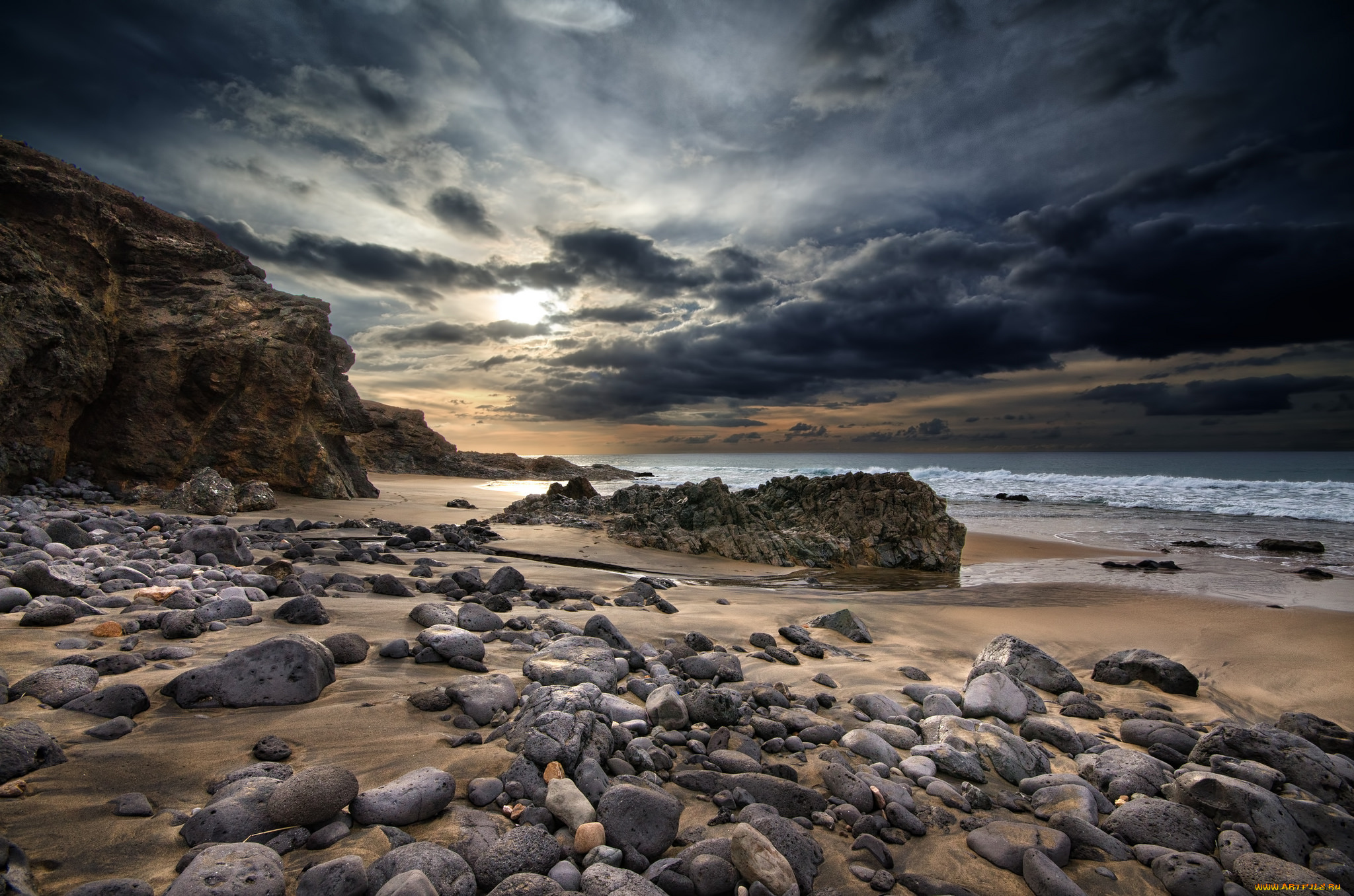 природа, побережье, скалы, пляж, океан, тучи
