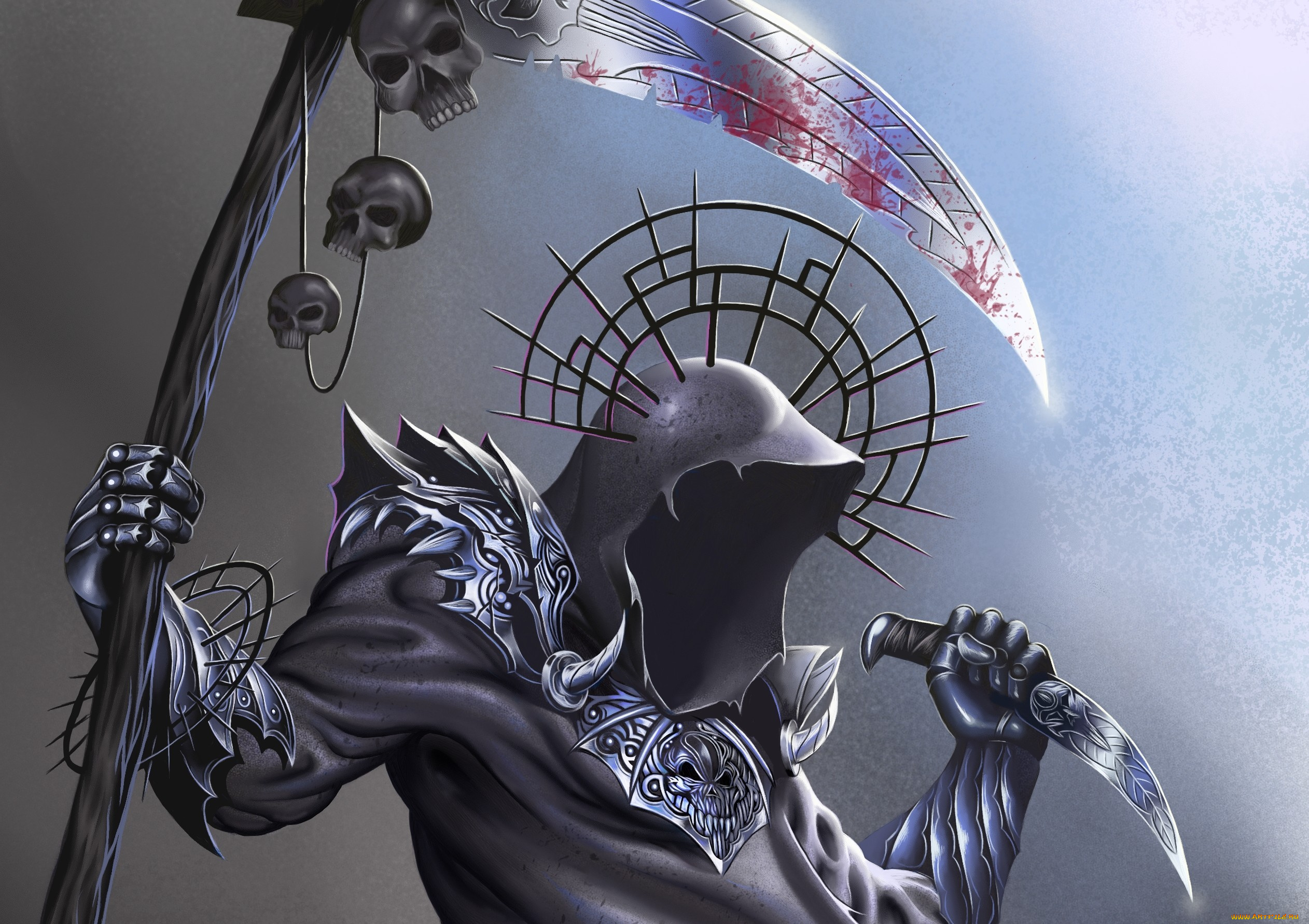 фэнтези, нежить, арт, коса, черепа, капюшон, кинжал