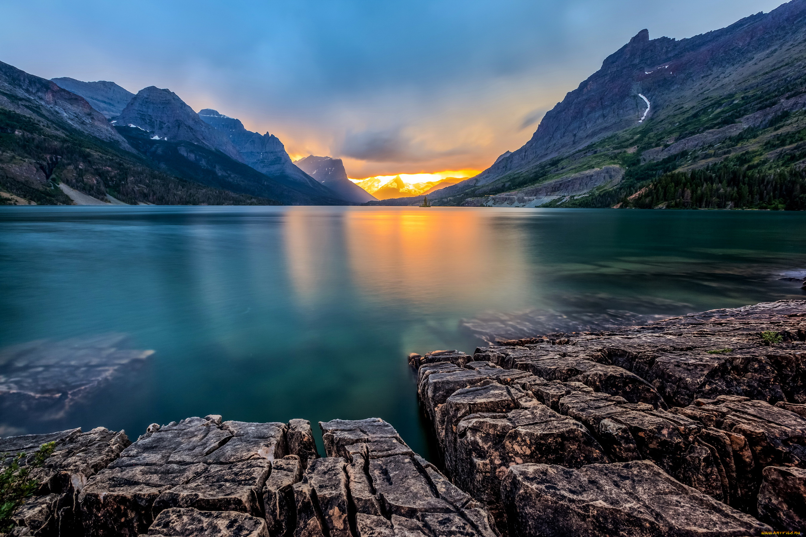 st, , mary, lake, , glacier, national, park, сша, природа, реки, озера, закат, озеро, горы, парк