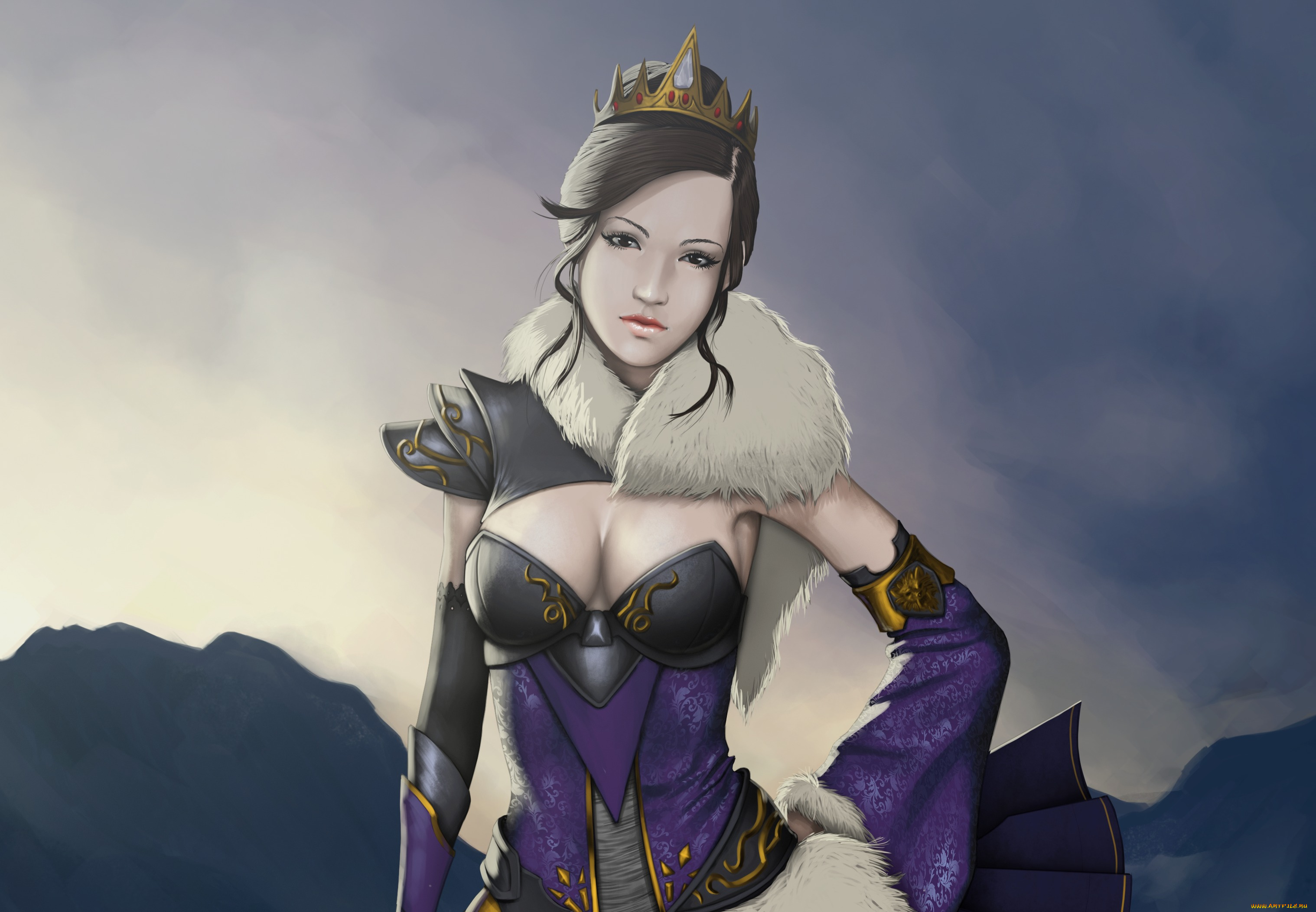 фэнтези, девушки, корона, грудь, платье, арт, взгляд, девушка