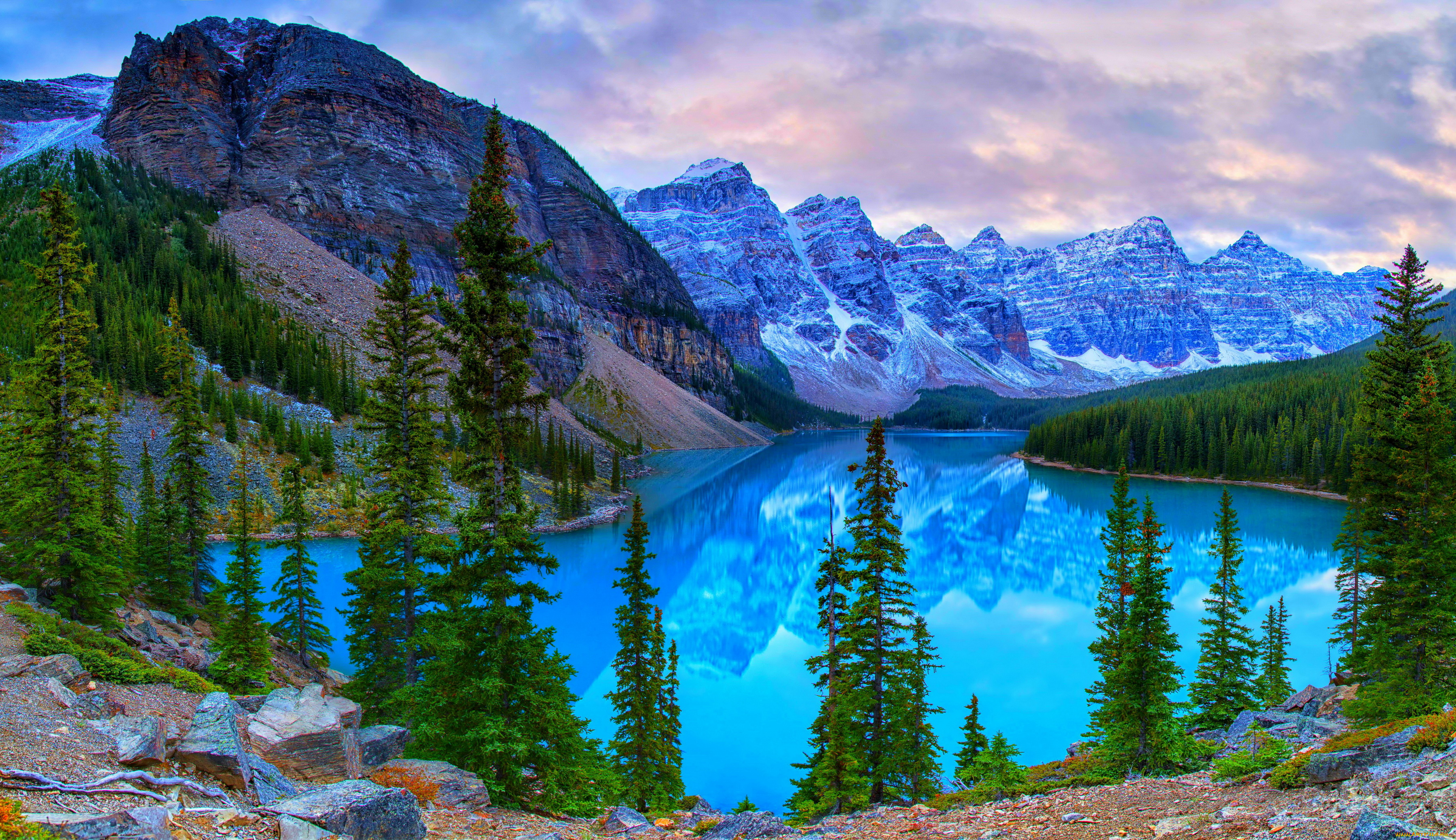 природа, пейзажи, озеро, kanada, park, banff, lake, moraine, ели, горы, парк