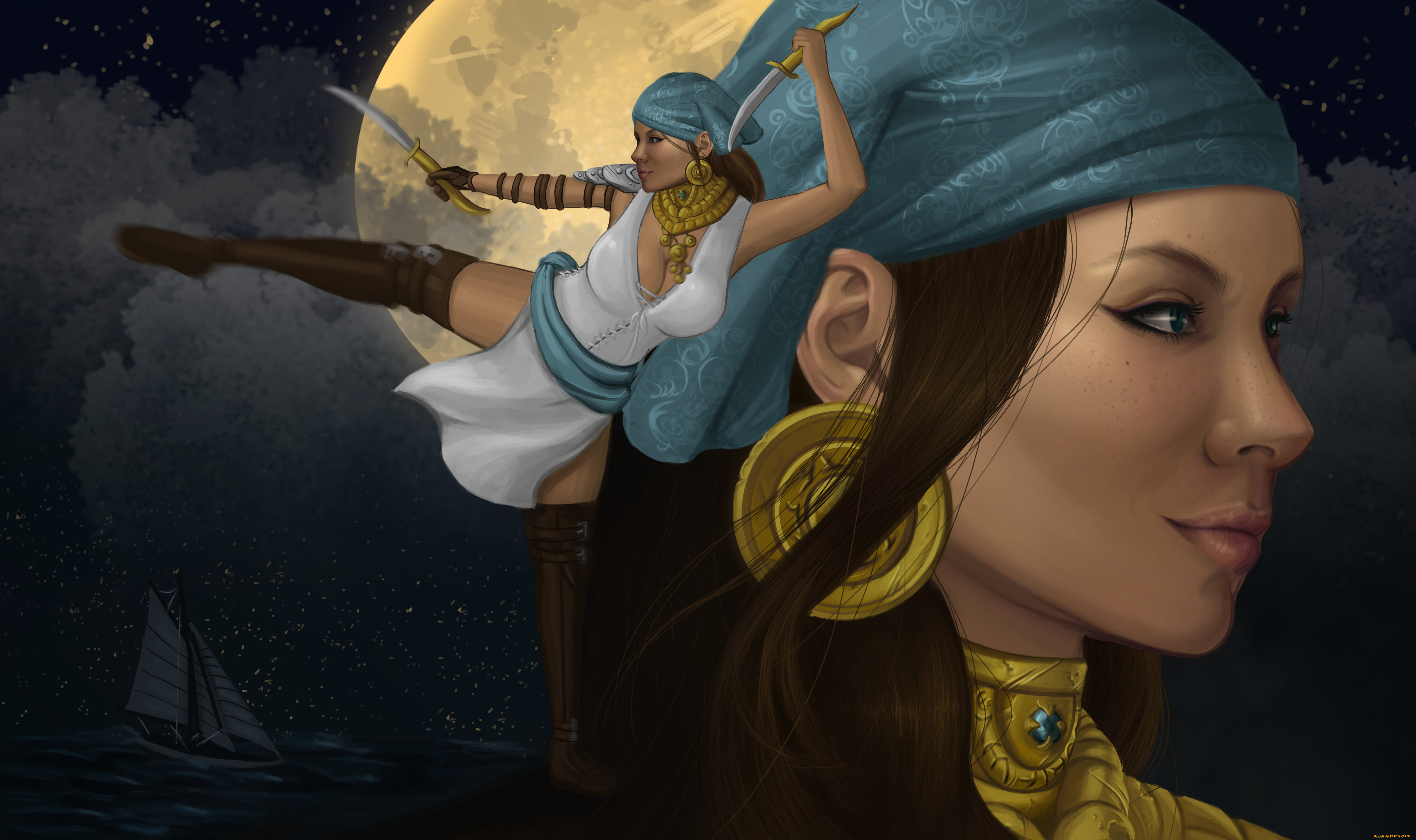 видео, игры, dragon, age, 2, лицо, девушка, isabela, dragon, age, 2, арт, корабль, луна, кинжалы, грудь, движение