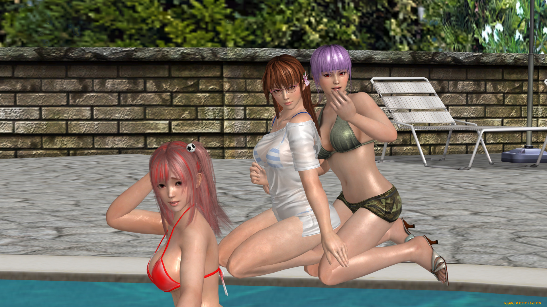 3д, графика, аниме, , anime, девушки, фон, взгляд, бассейн