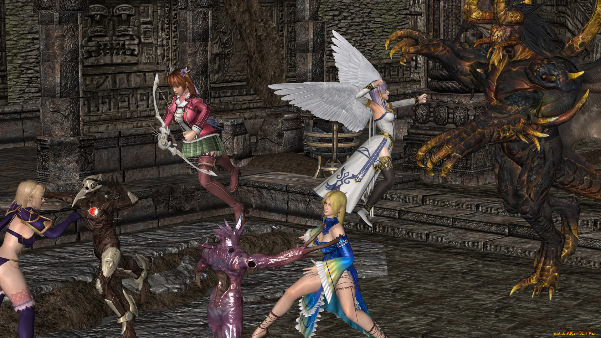 3д, графика, аниме, , anime, девушки, существа, оружие, фон, взгляд