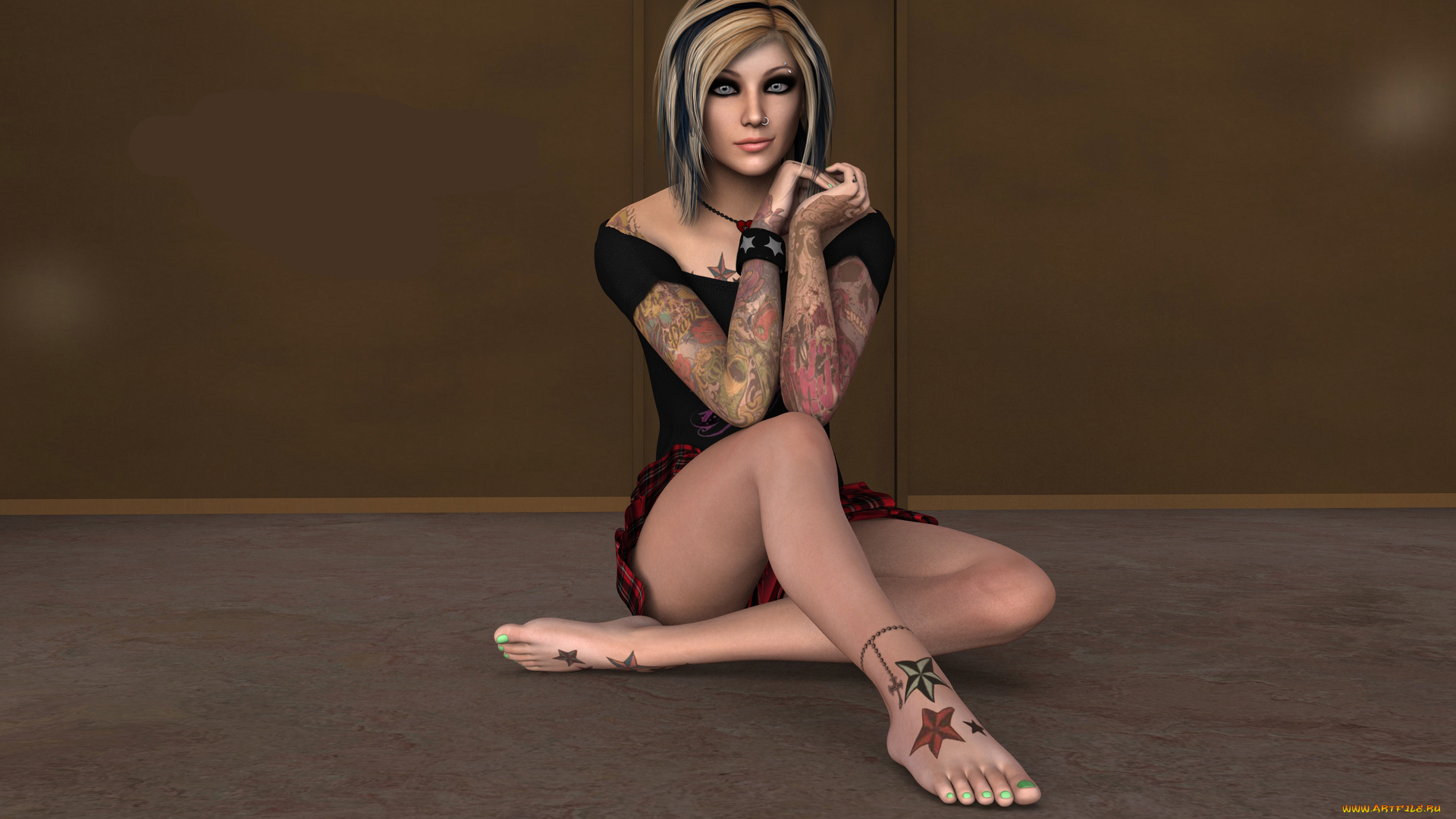 3д, графика, люди, , people, фон, девушка, тату, взгляд, пирсинг