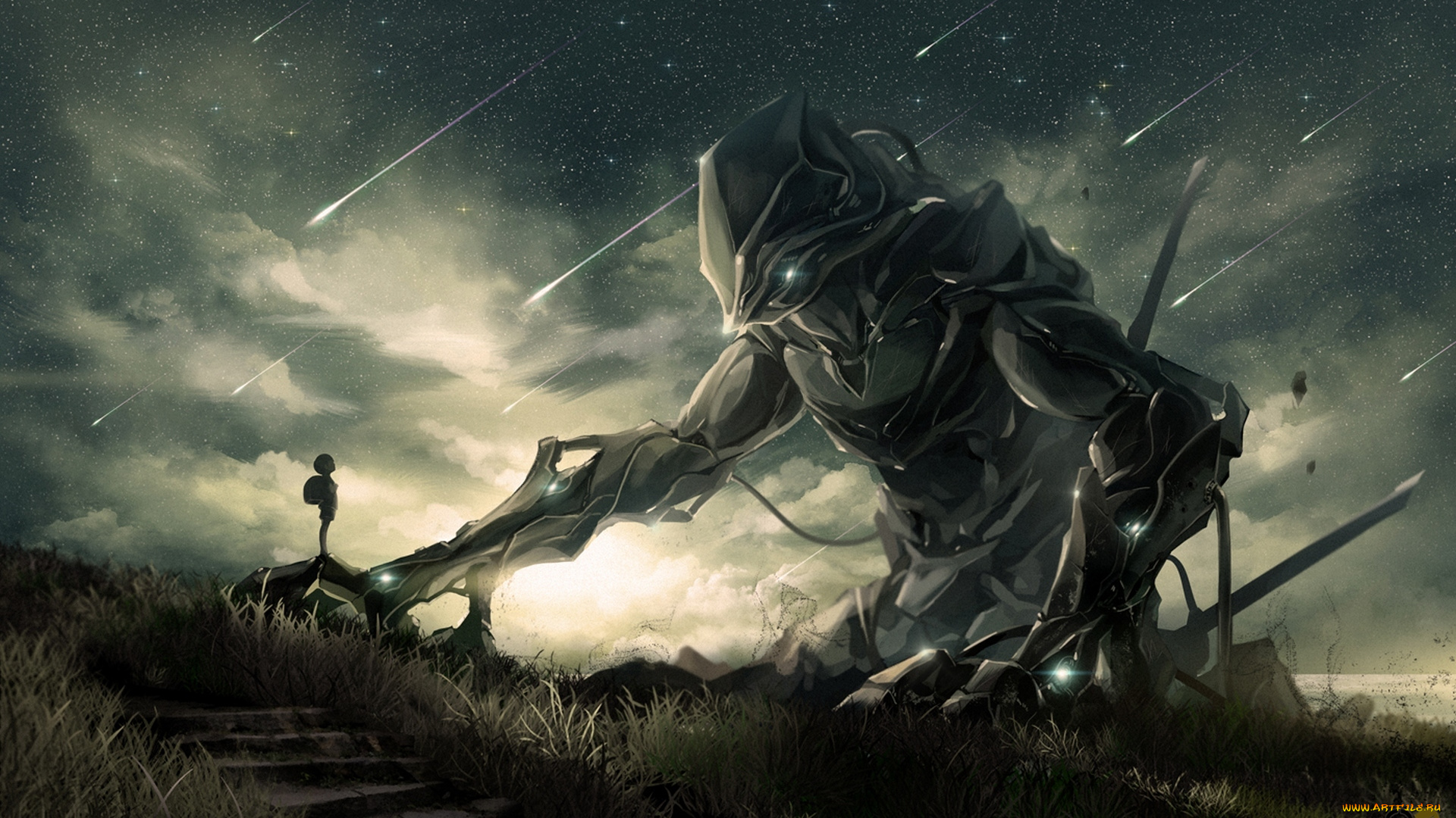 фэнтези, роботы, , киборги, , механизмы, mauve, noeyebrow, робот, арт, ночь, небо, звезды, мальчик