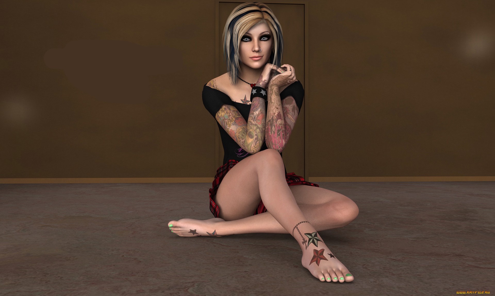 3д, графика, люди, , people, фон, девушка, тату, взгляд, пирсинг