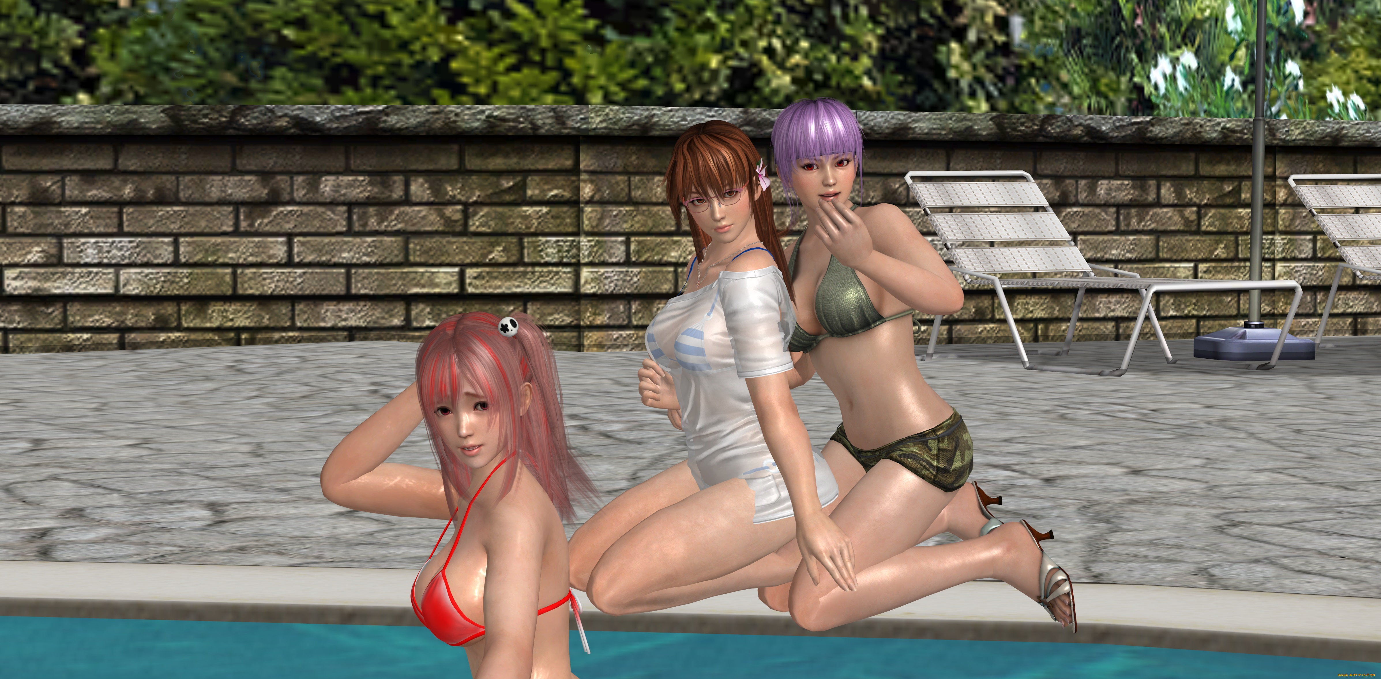 3д, графика, аниме, , anime, девушки, фон, взгляд, бассейн