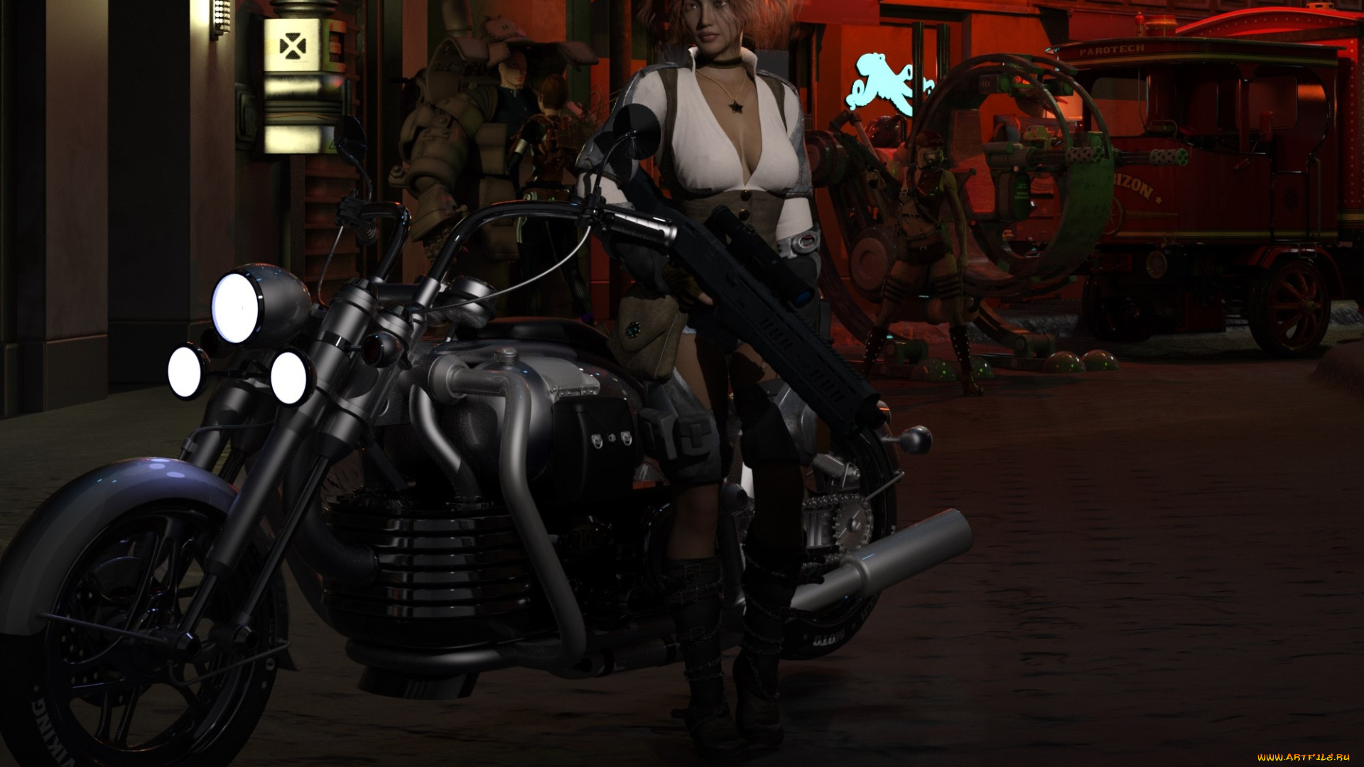 3д, графика, люди-авто, мото, , people-, car, , , moto, девушка, взгляд, фон, мотоцикл