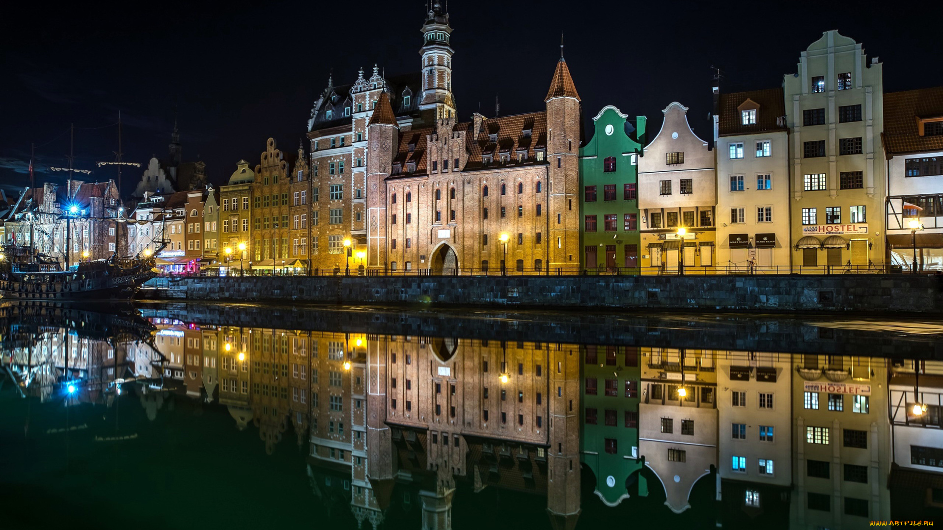 города, гданьск, , польша, отражение, река, огни, вечер
