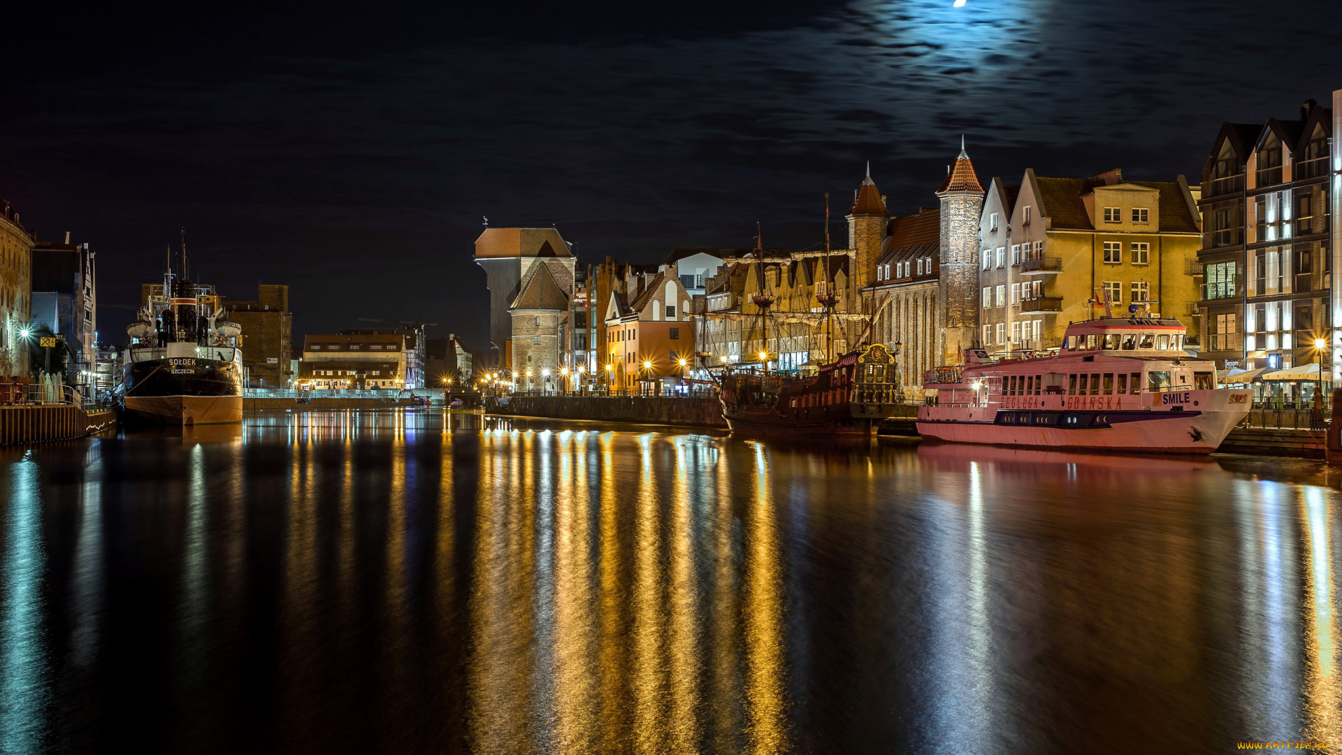 города, гданьск, , польша, река, огни, вечер, отражение