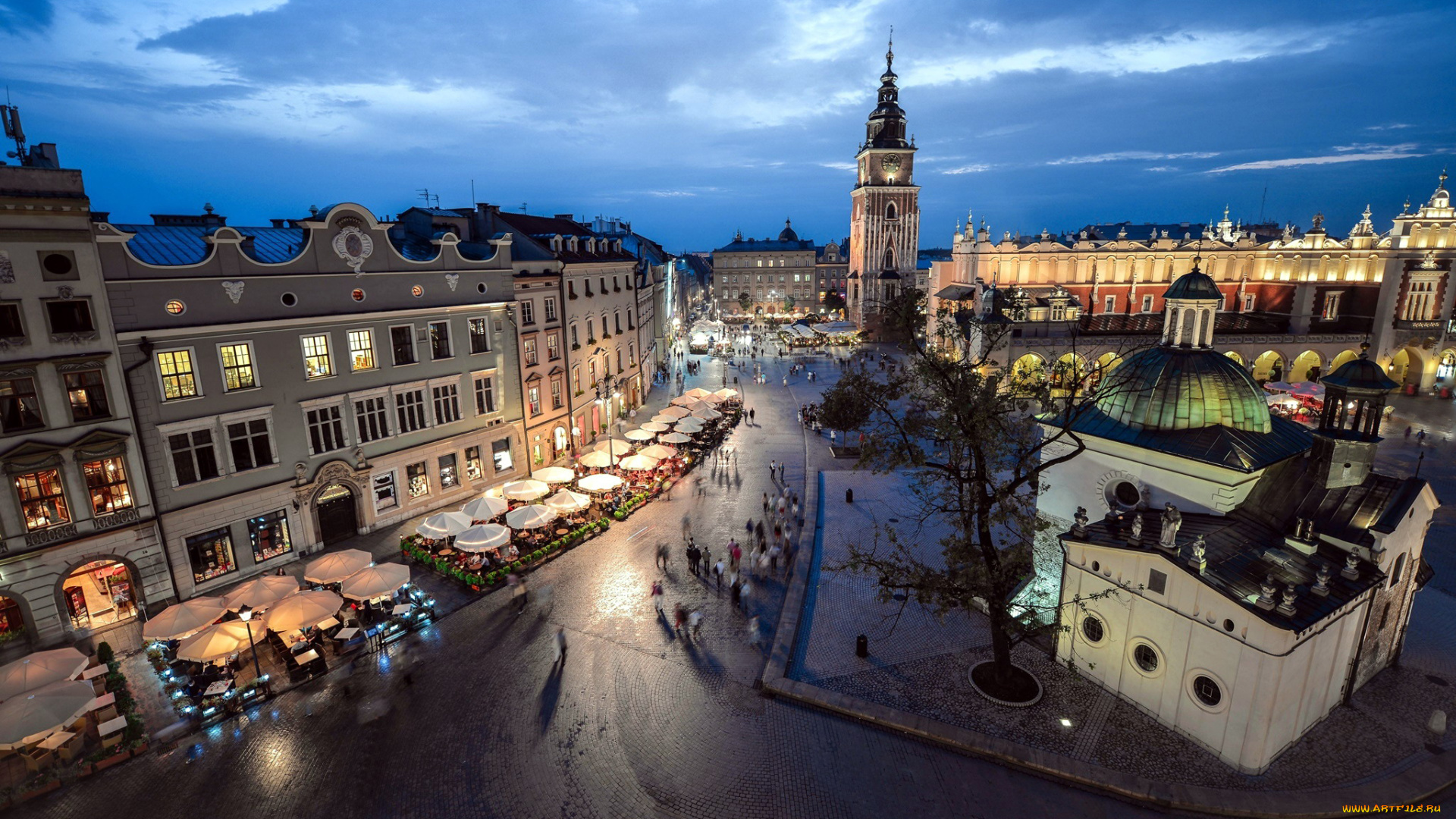 города, краков, , польша, столики, кафе, уличные, костел, площадь