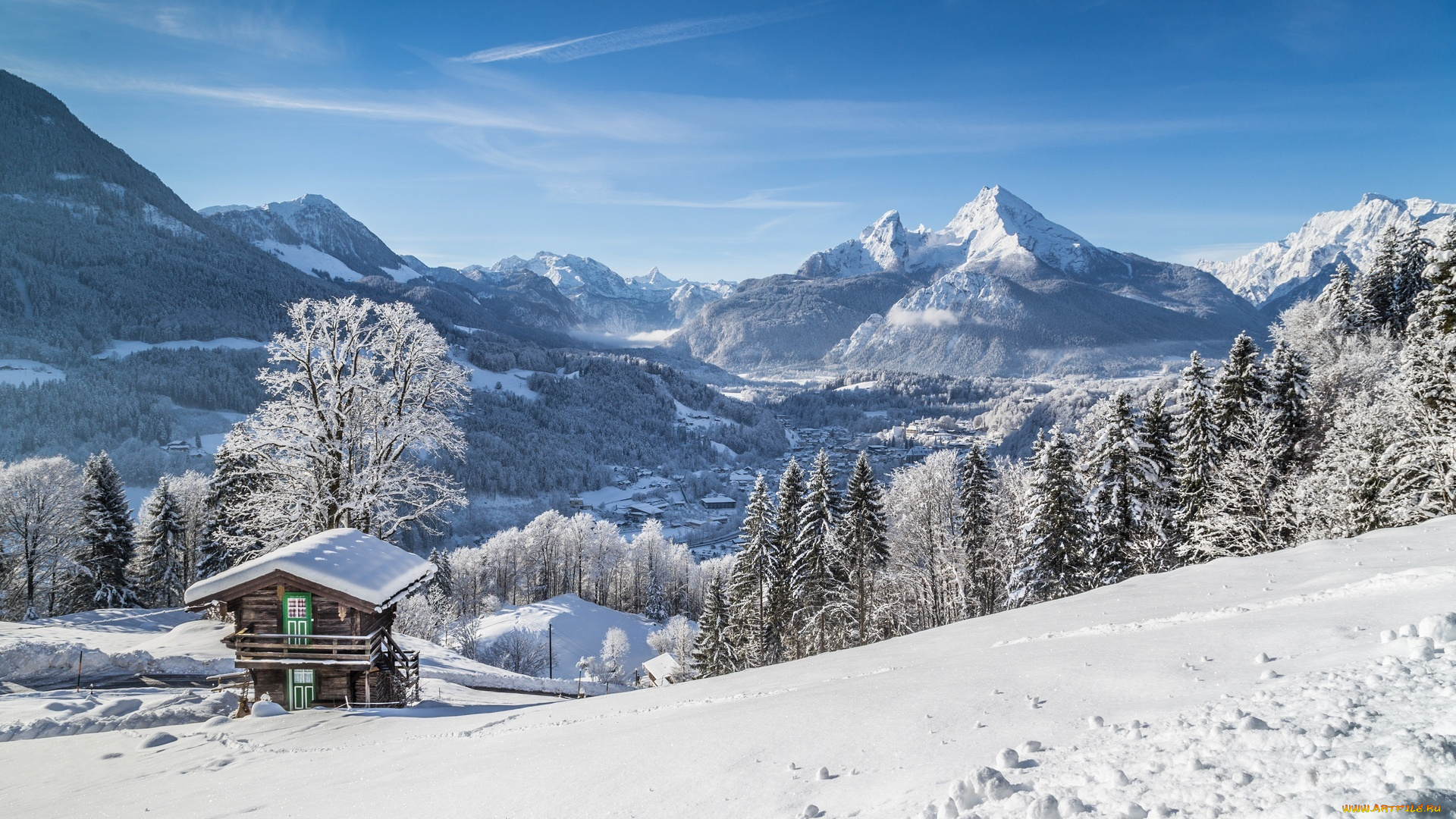 природа, горы, дом, деревья, снег, зима