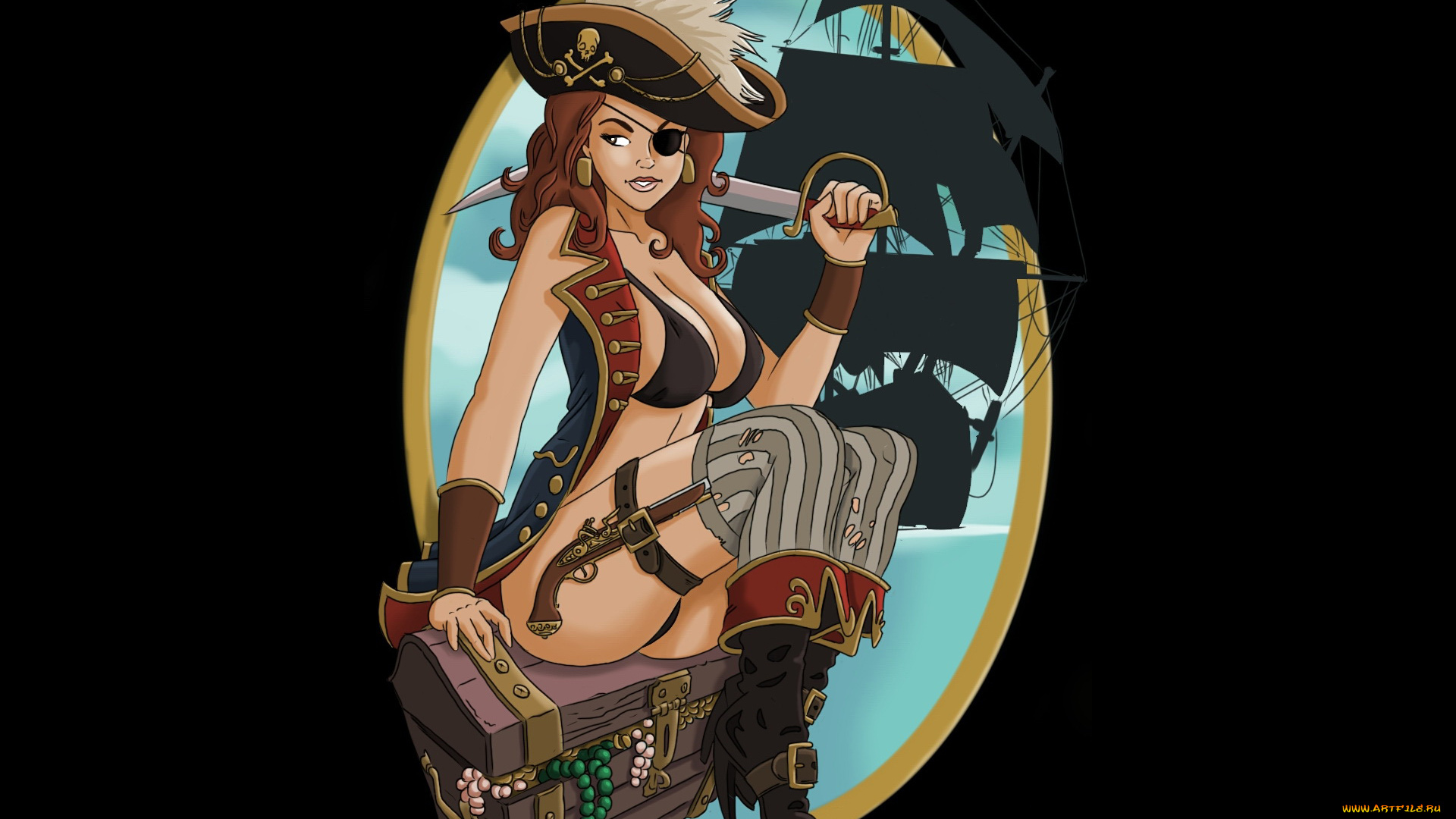 рисованное, комиксы, пират, сабля, фон, сундук, девушка