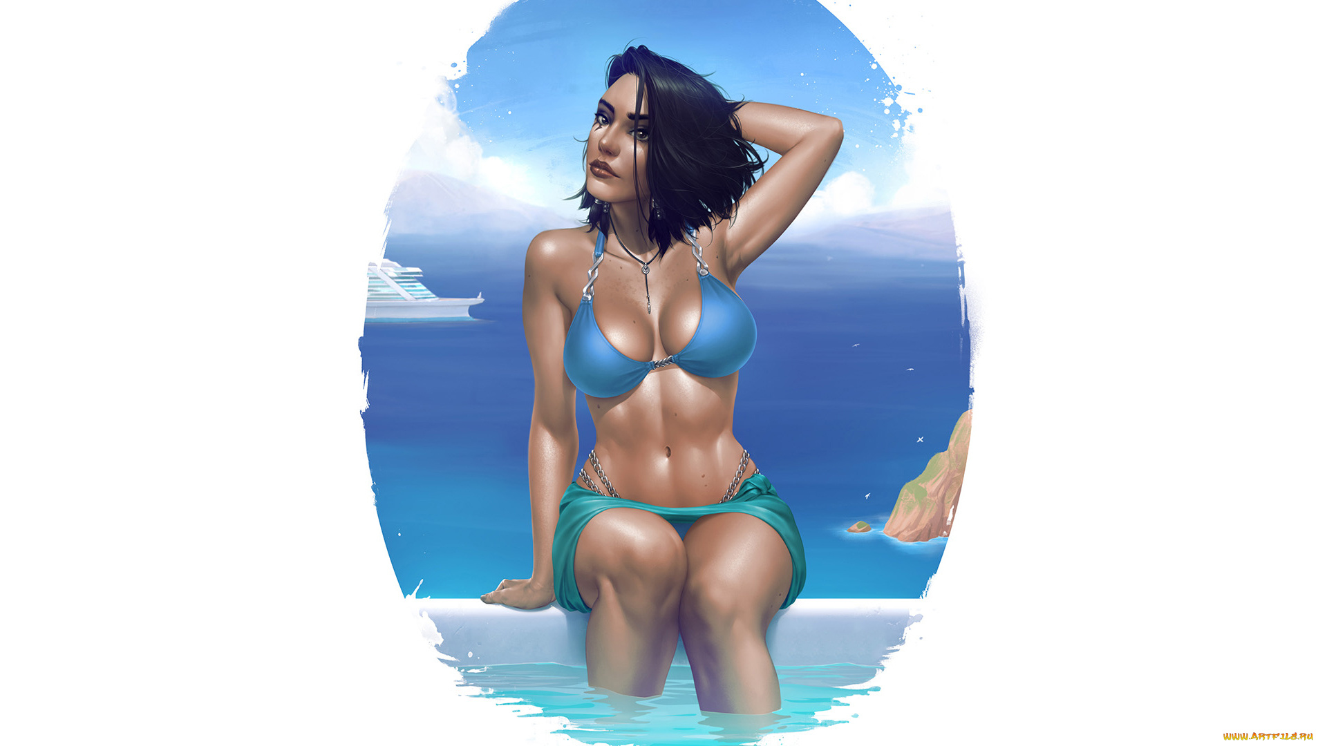 рисованное, люди, взгляд, яхта, море, фон, купальник, девушка