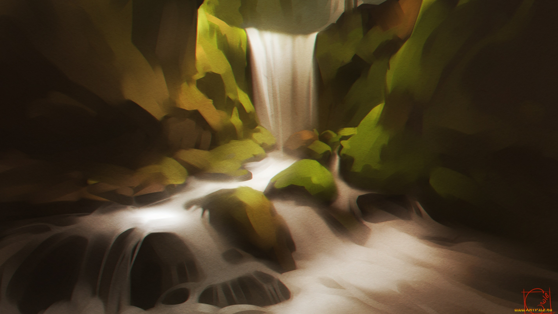 рисованное, природа, водопад