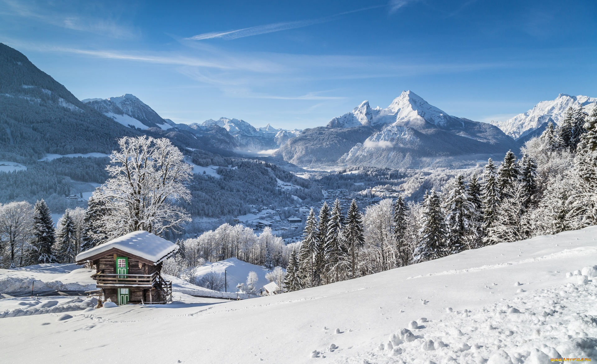 природа, горы, дом, деревья, снег, зима