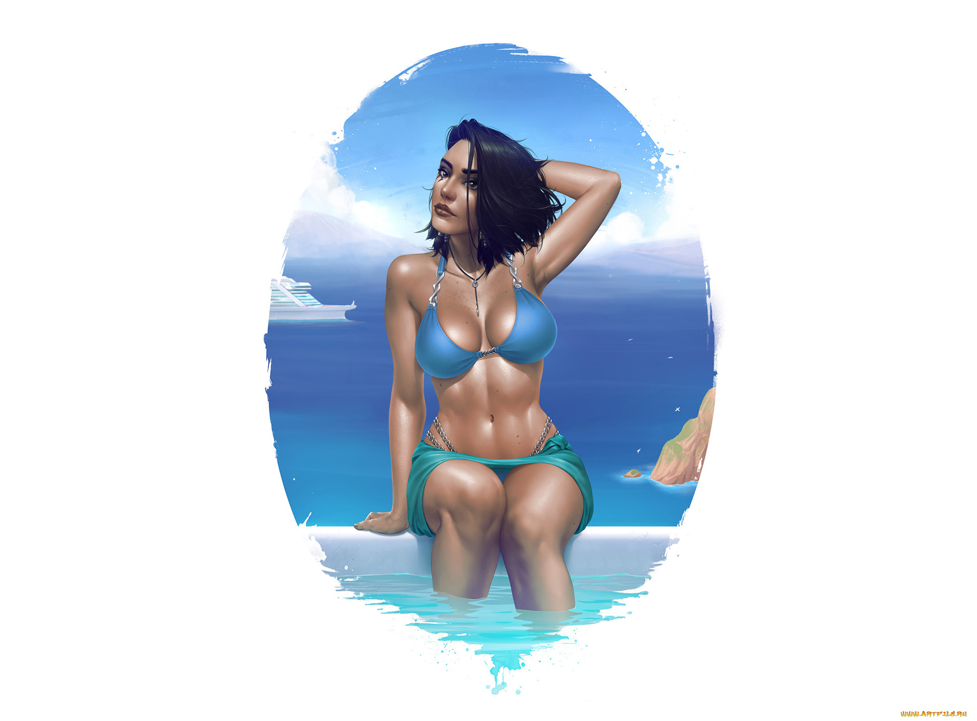 рисованное, люди, взгляд, яхта, море, фон, купальник, девушка