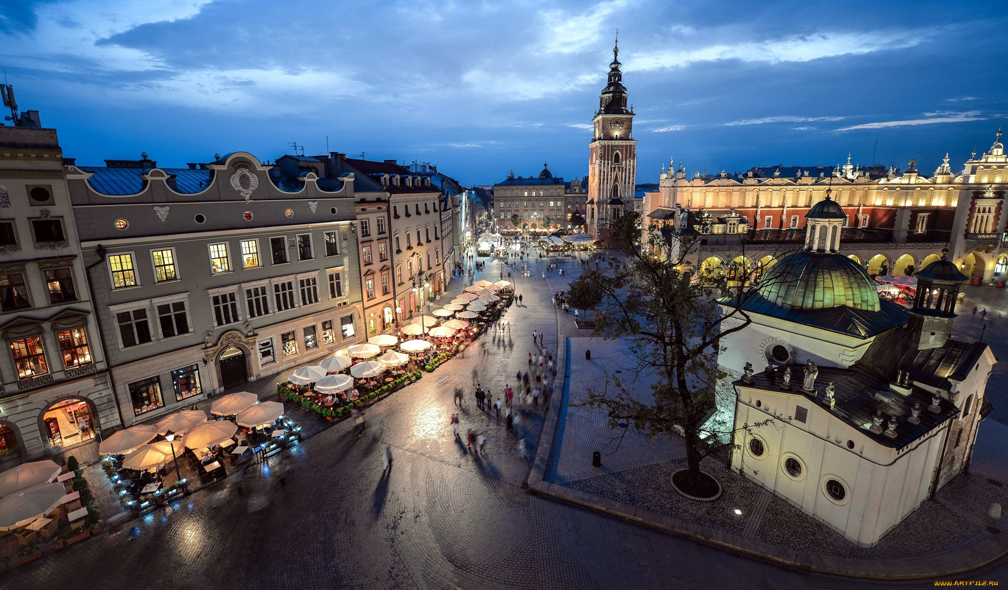 города, краков, , польша, столики, кафе, уличные, костел, площадь