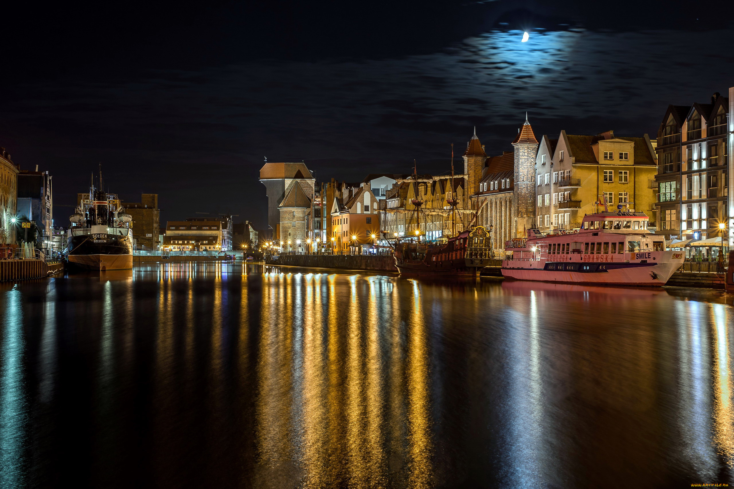 города, гданьск, , польша, река, огни, вечер, отражение