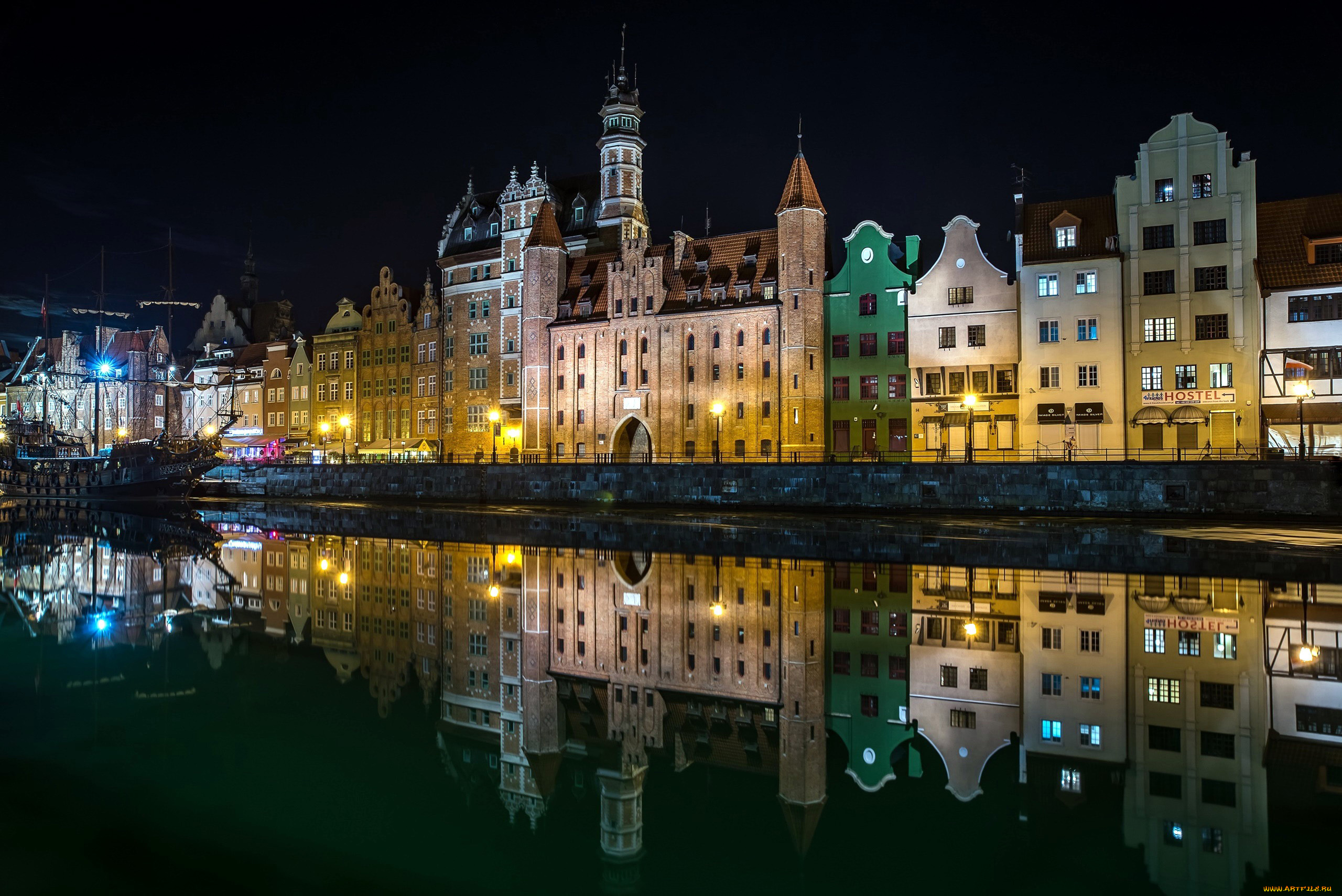 города, гданьск, , польша, отражение, река, огни, вечер
