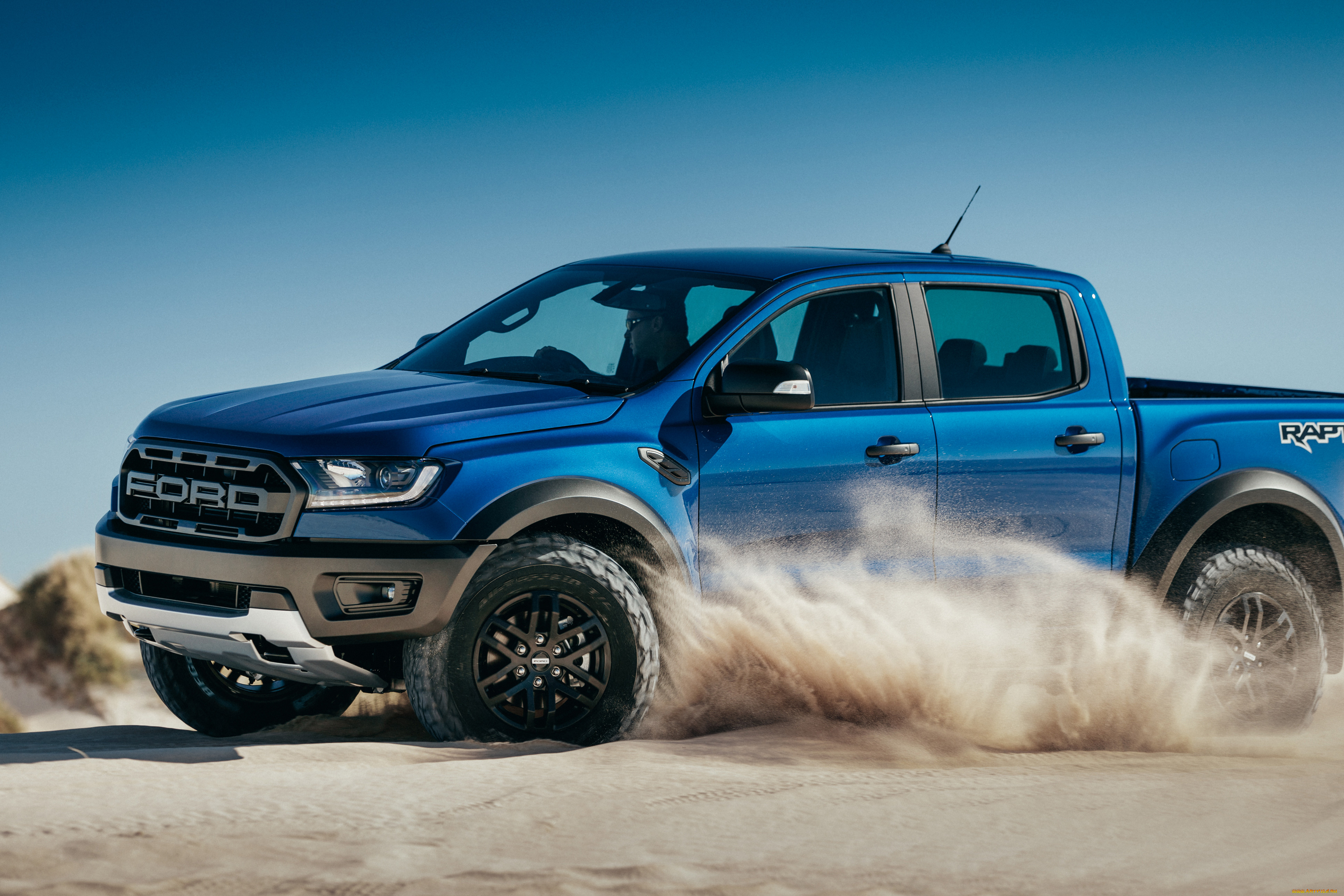 ford, ranger, raptor, , 2019, автомобили, ford, ranger, raptor, занос, песок, форд, синий, пикап, раптор