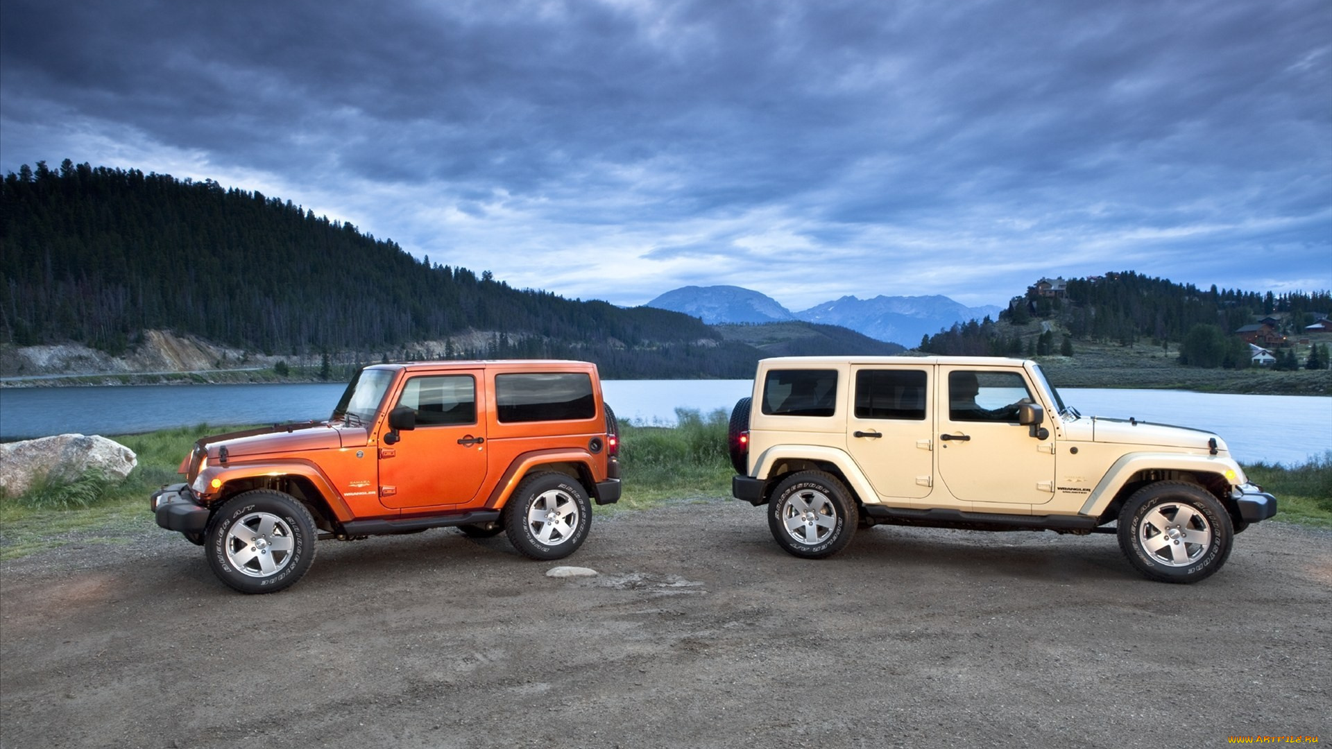 автомобили, jeep, оранжевый, wrangler, джипы, река, лес, тучи, небо, белый