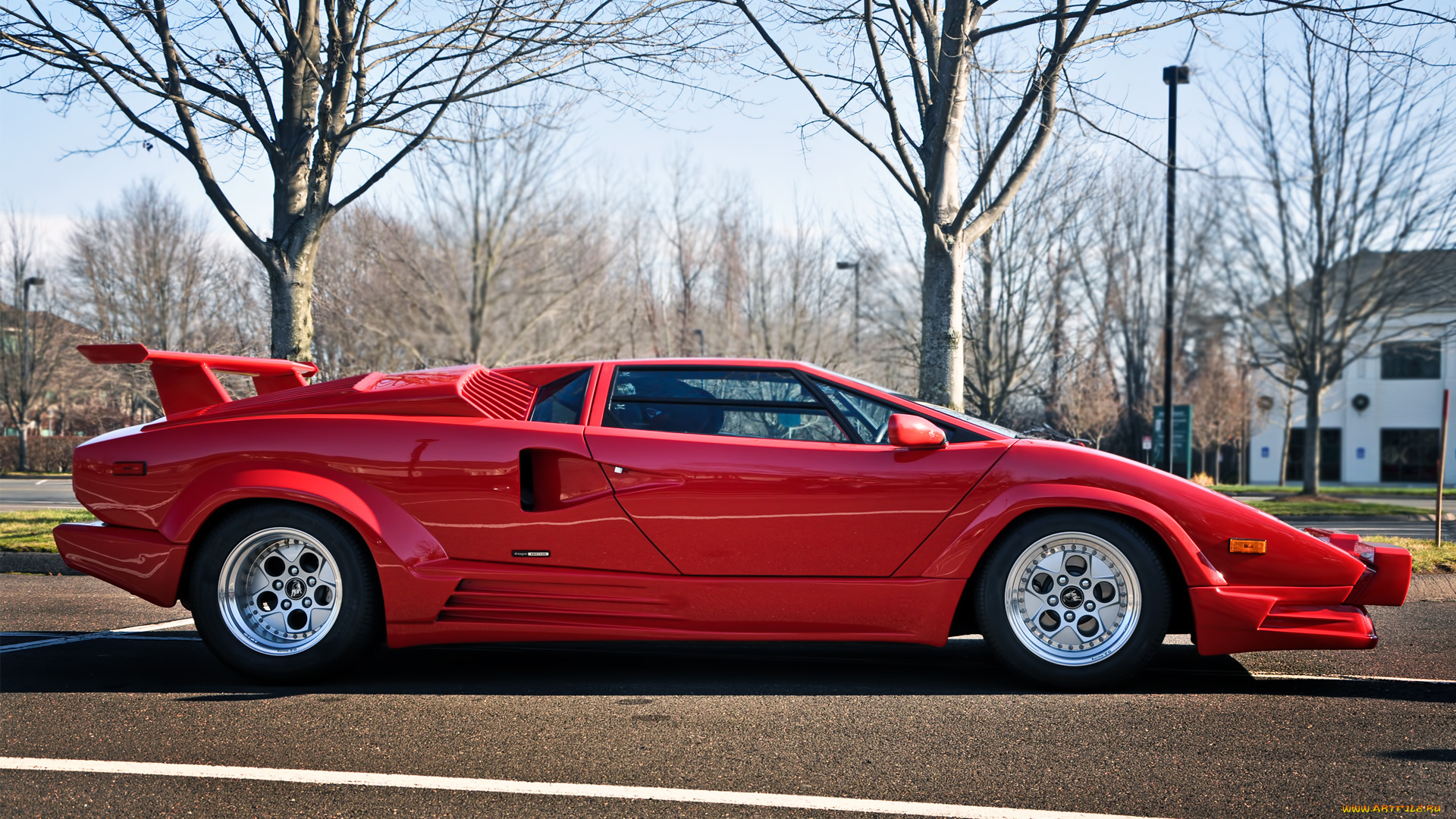 автомобили, lamborghini, ламборгини, деревья, дорога, красный