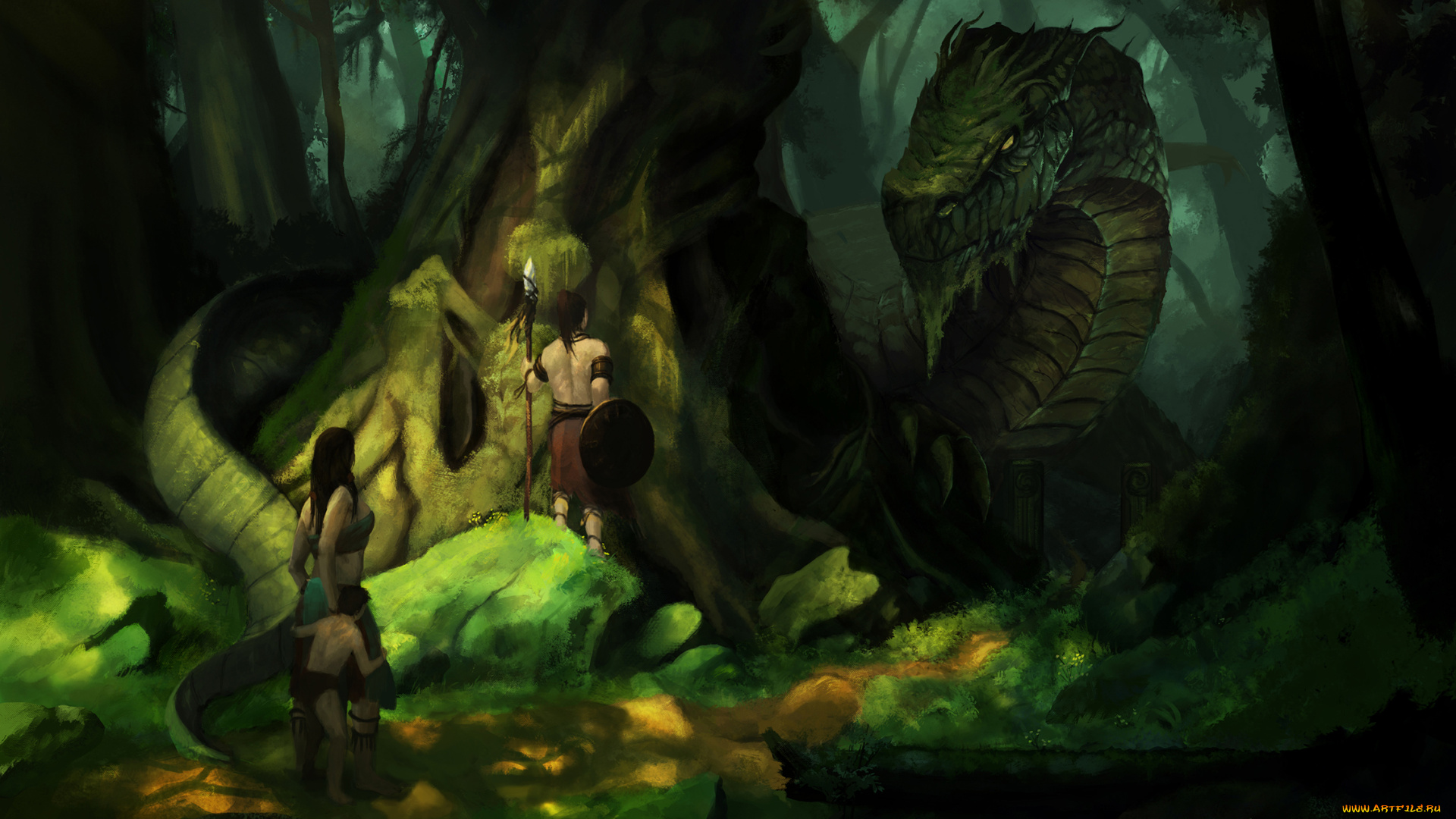 фэнтези, драконы, люди, фон, лес, змей