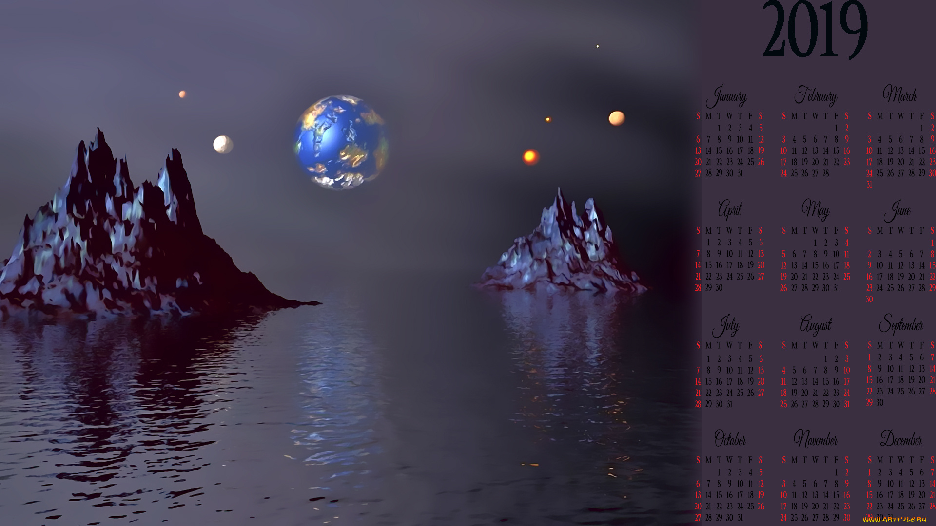 календари, 3д-графика, планета, водоем