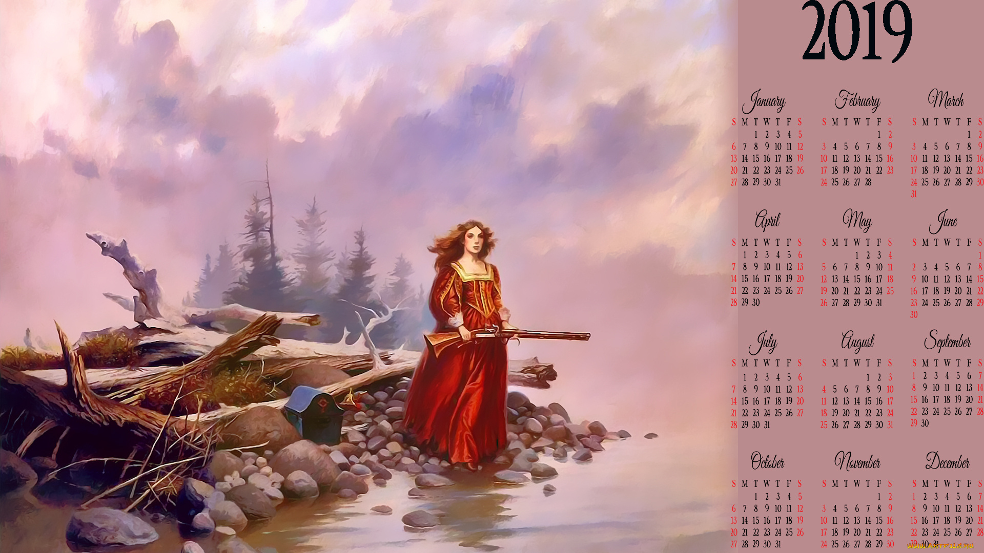 календари, фэнтези, водоем, девушка, оружие