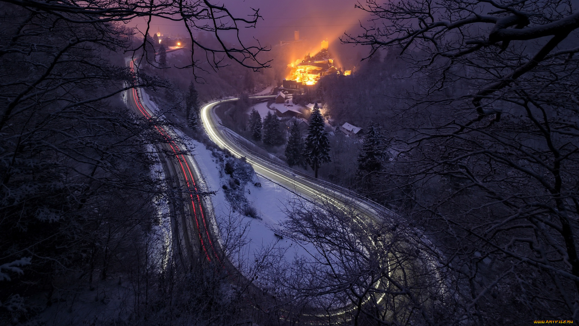 природа, дороги, ночь, огни, дорога