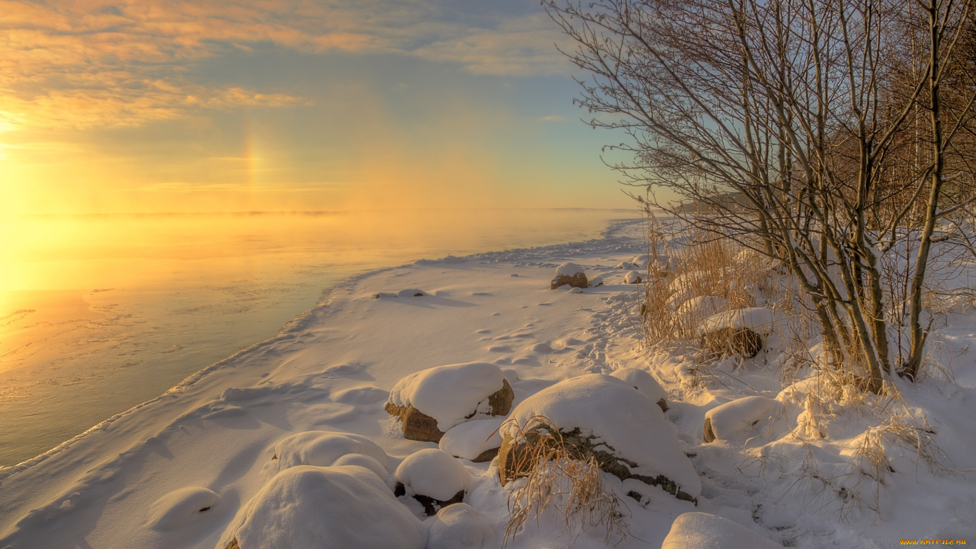 природа, зима, снег, камни, озеро