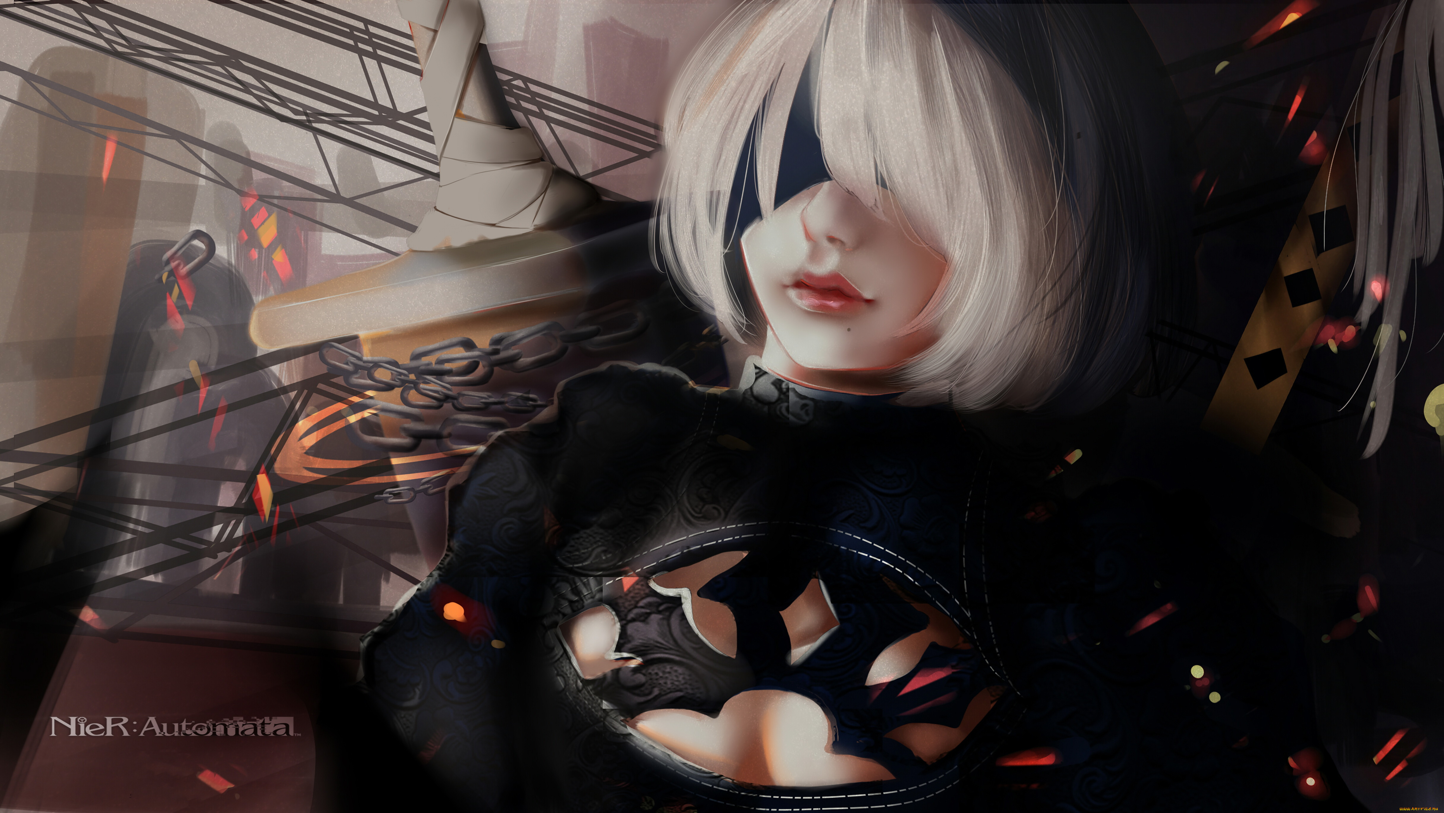 видео, игры, nier, , automata, фон, повязка, девушка