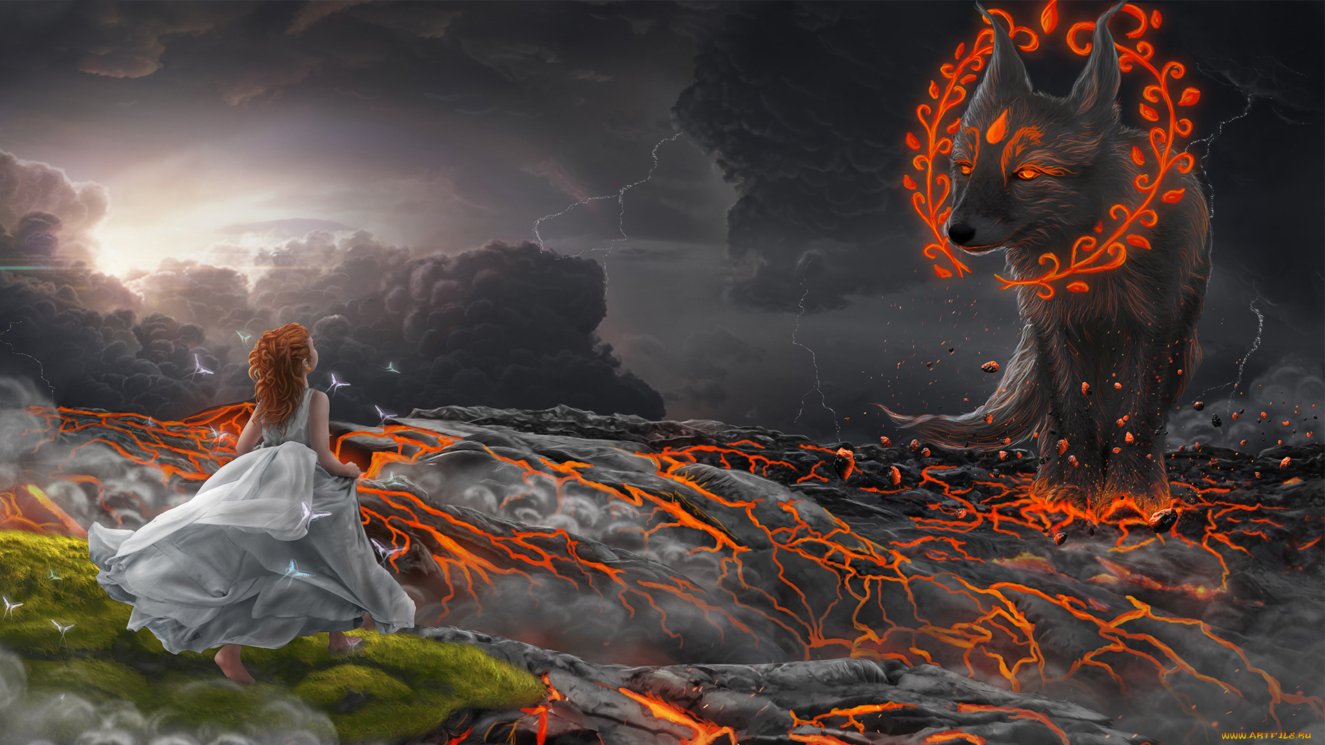 фэнтези, красавицы, и, чудовища, девочка, платье, фон, лава, животное