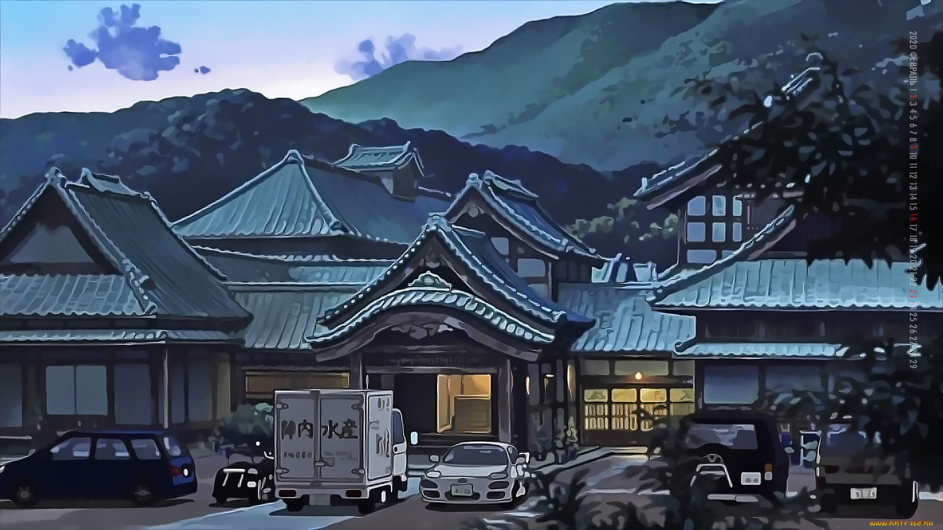 календари, аниме, машина, calendar, 2020, здание, дом, гора, автомобиль