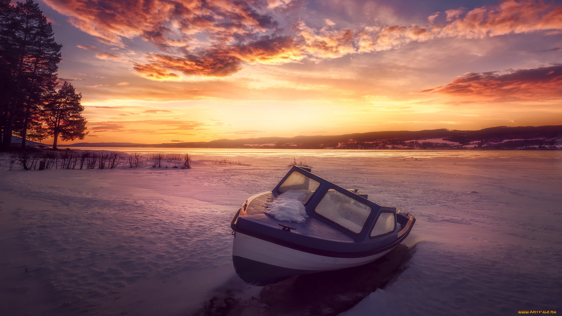 корабли, моторные, лодки, закат, лодка, зима, снег