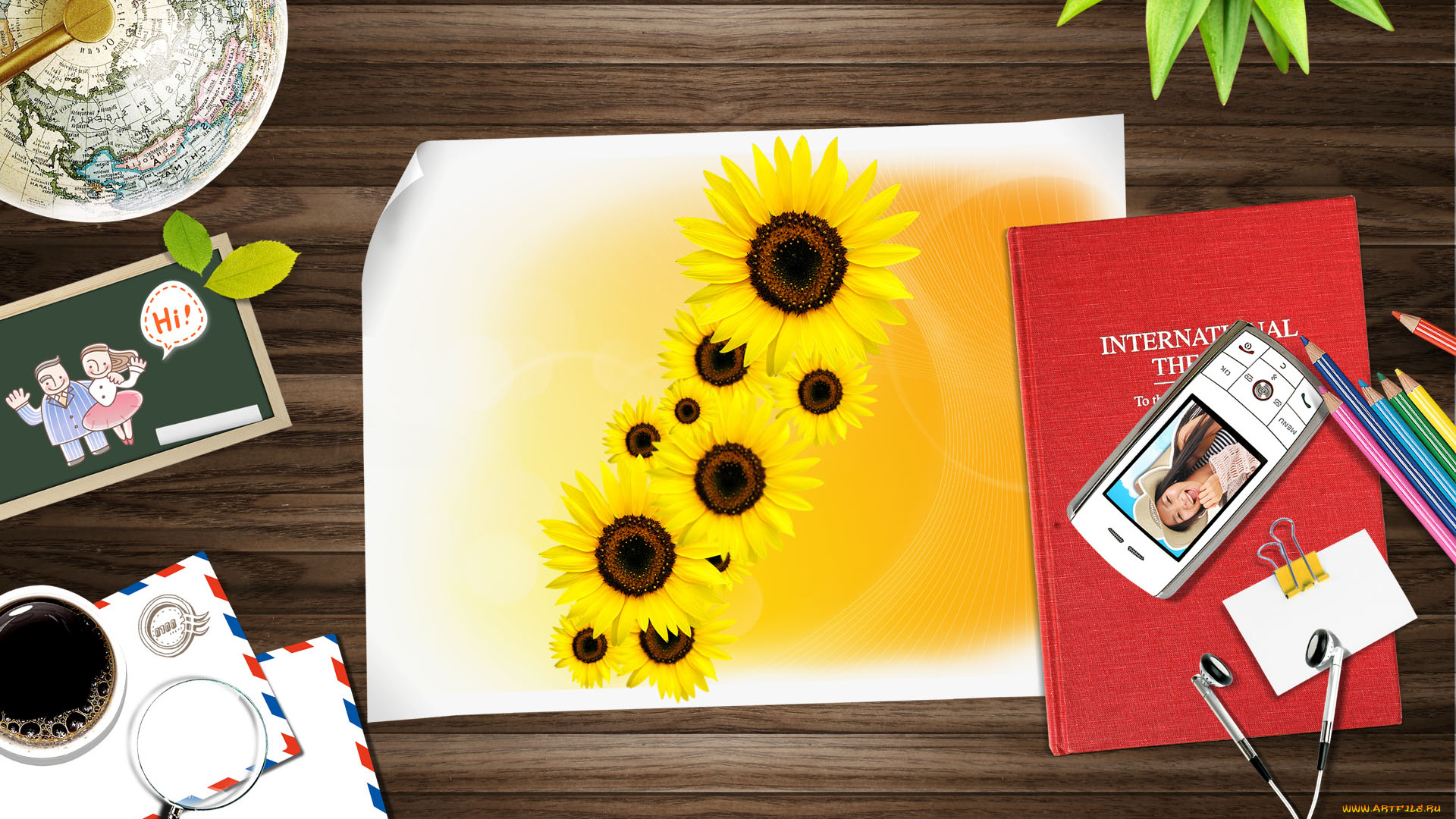 разное, компьютерный, дизайн, подсолнухи, карандаши, телефон, книга, открытка, конверты, кофе
