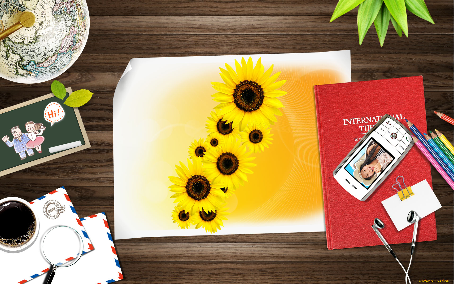 разное, компьютерный, дизайн, подсолнухи, карандаши, телефон, книга, открытка, конверты, кофе