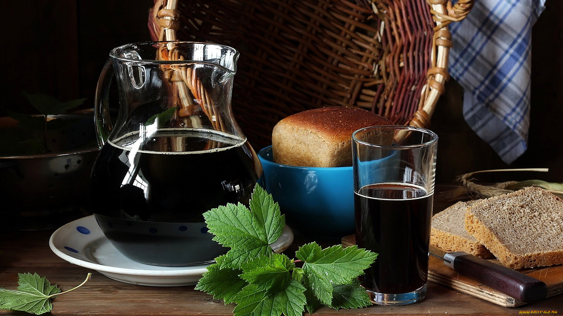 еда, напитки, хлеб, кувшин, квас, хлебный, листья, смородина