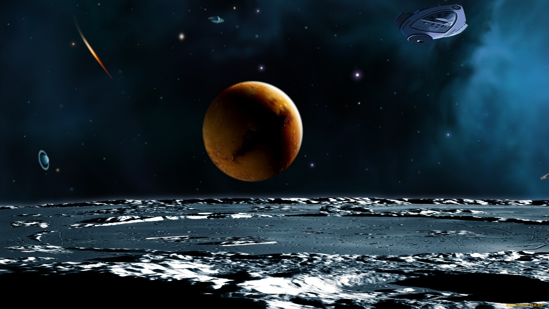 космос, арт, планеты, поверхность, корабль