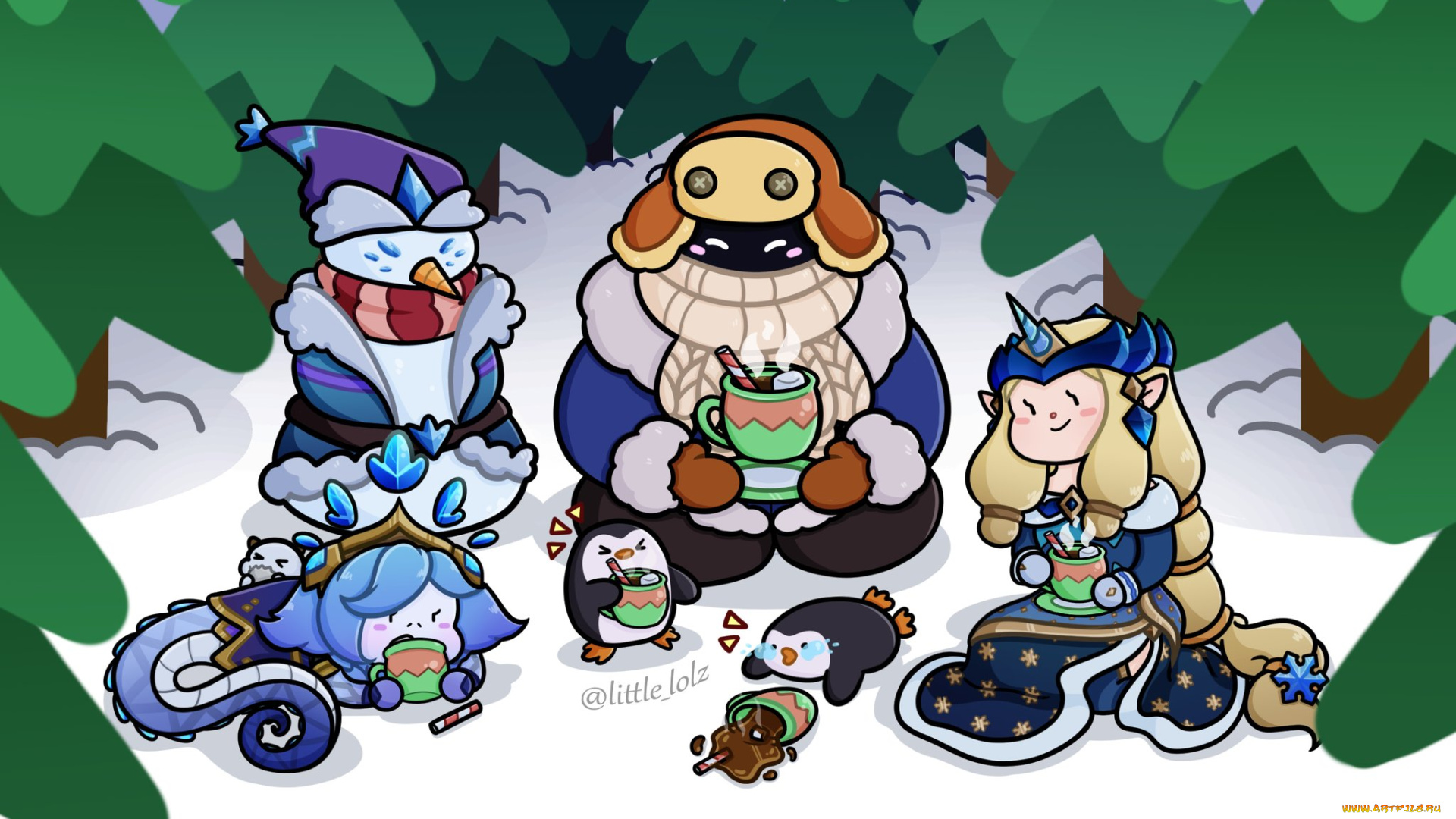 видео, игры, league, of, legends, bard, soraka, лес, снеговик, пингвины