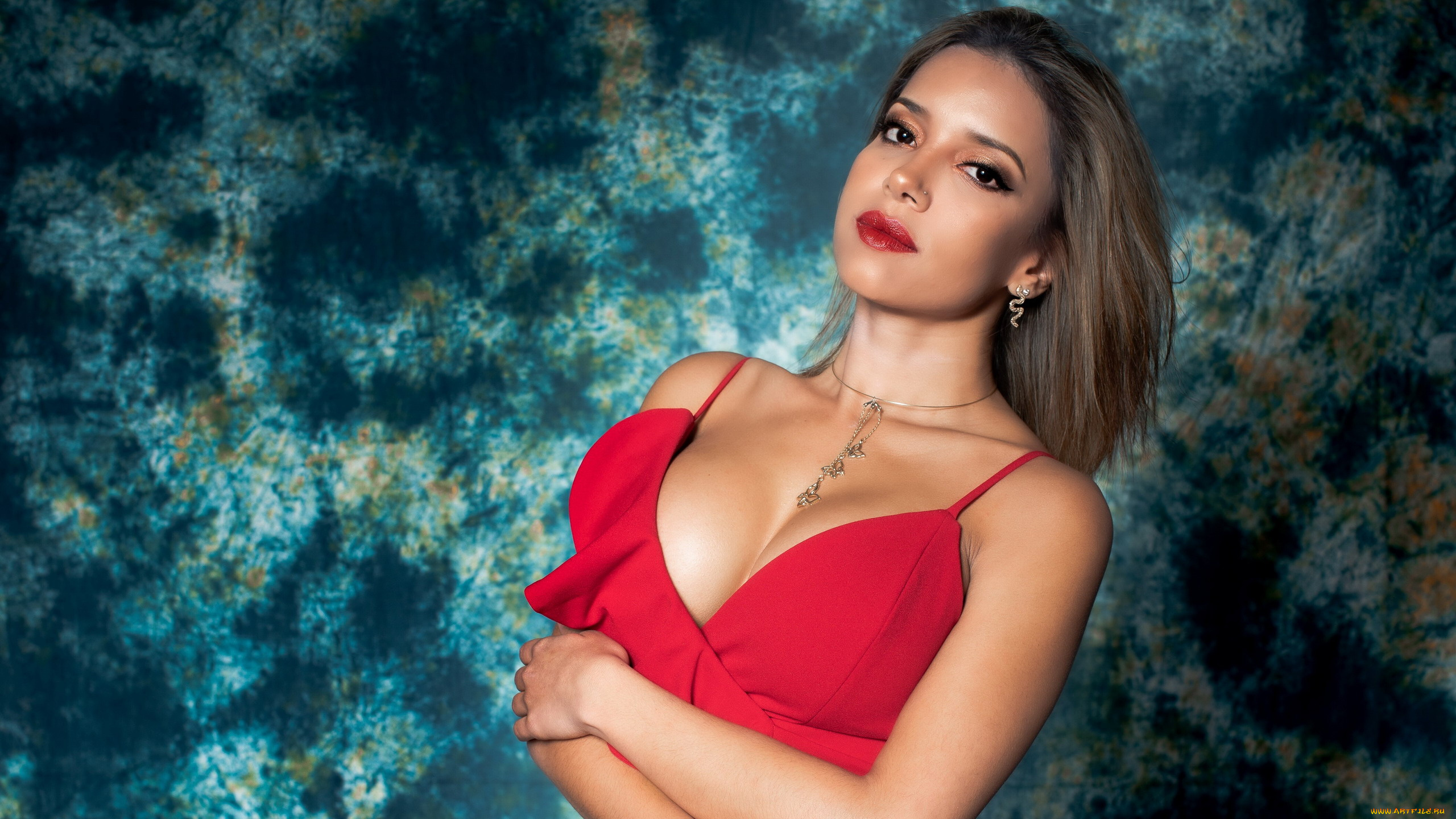 девушки, -, лица, , портреты, шатенка, декольте, украшения