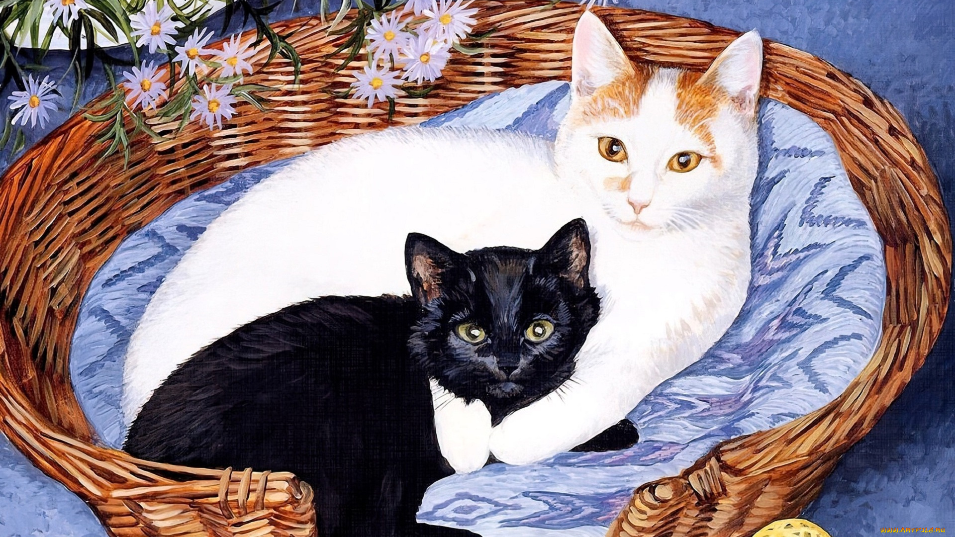 рисованное, persis, clayton, weirs, кошки, корзина, цветы