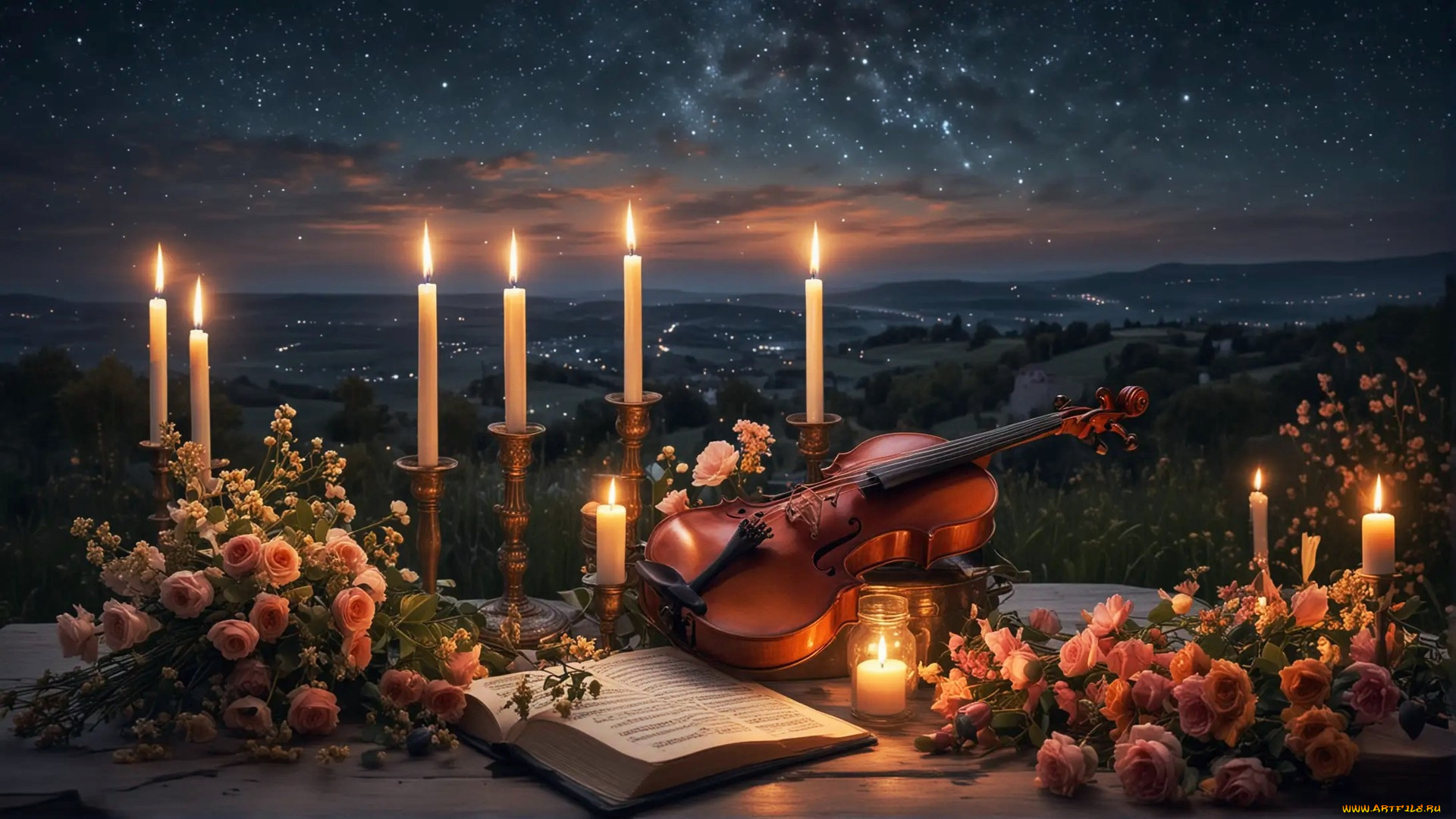 3д, графика, романтика, , romantics, скрипка, розы, свечи