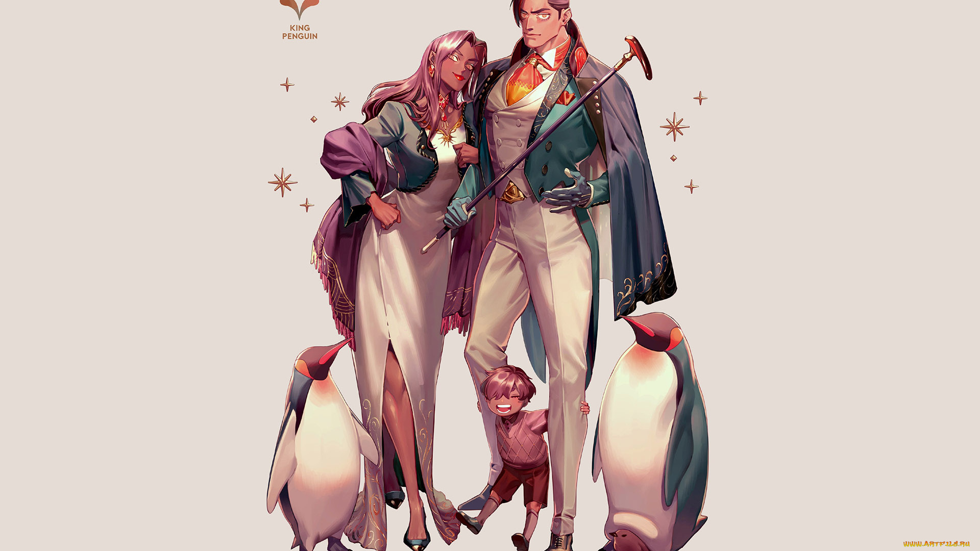 аниме, животные, , существа, семья, мужчина, женщина, ребенок, пингвины, трость